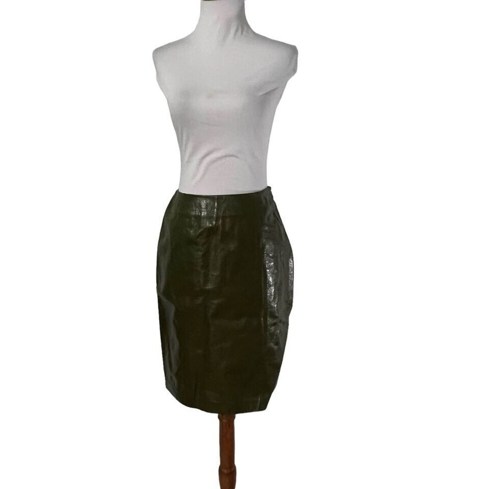 Ellen Tracy Vintage 80s Linda Allard Olive Green Leather skirt 4 Petite Size 27" / US 4 / IT 40 - 6 Thumbnail