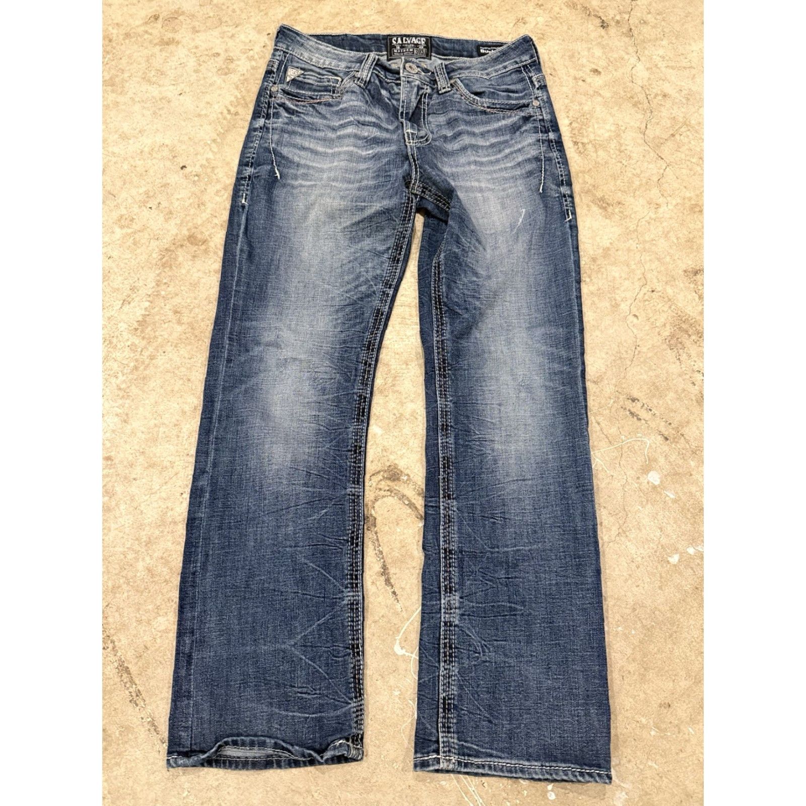 Vintage Salvage Jeans Mayhem Boot Mens 30S 30x29 Stretch Denim Whiskers Boocut Bootcut Regular Mens Blue Pant (Salvage) Size US 30 / EU 46 - 2 Thumbnail