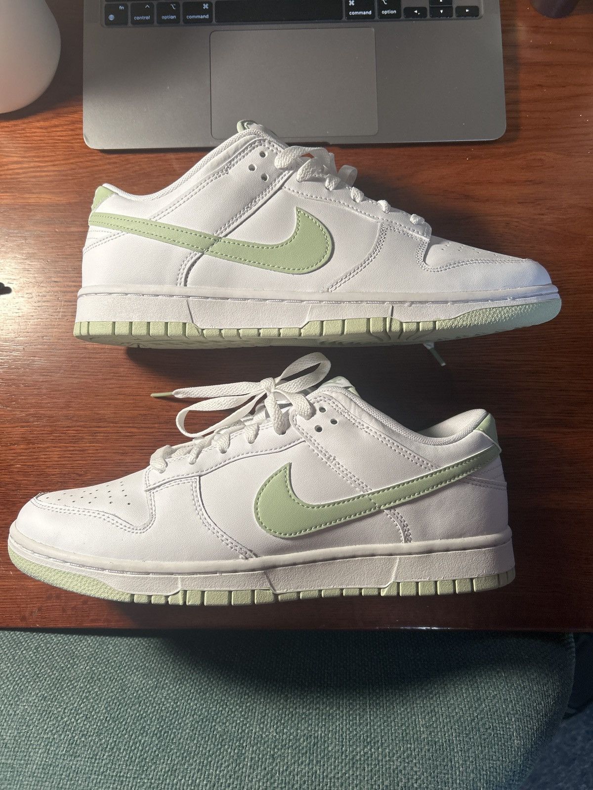 image of Nike Dunk Low Retro Sneakers In White And Sage, Men's (Size 10.5)