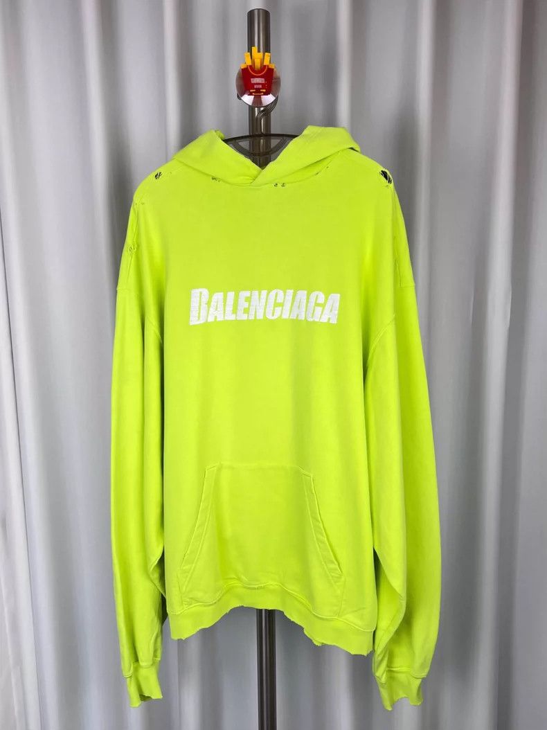 Balenciaga Big Sabotage Alphabet Print Ripped Hoodie Fluor
