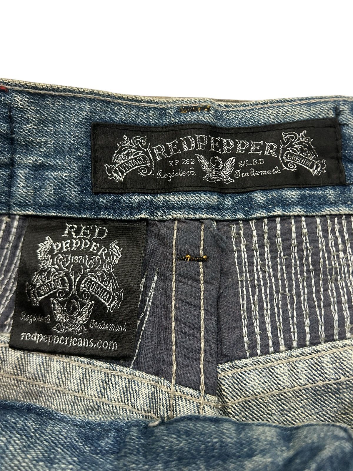Japanese Brand Vintage Red Pepper Grunge Patchwork Distressed Trashed Jeans Size US 31 - 10 Thumbnail
