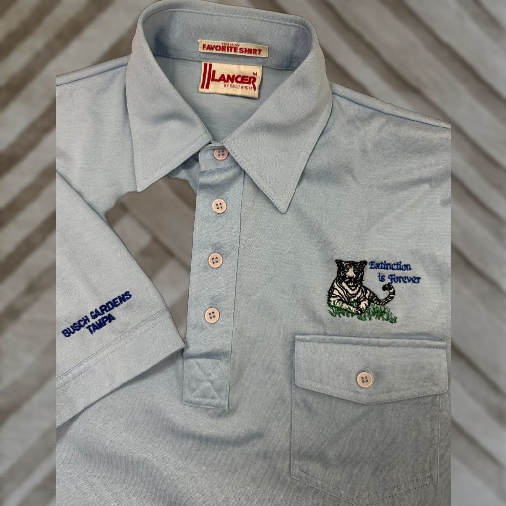 VINTAGE David Winter Polo Shirt Men M 70s White Tiger Embroidered Blue Color Short Sleeve Pullover Knit Cotton PolyesterREGULAR Fit Pocket Be...