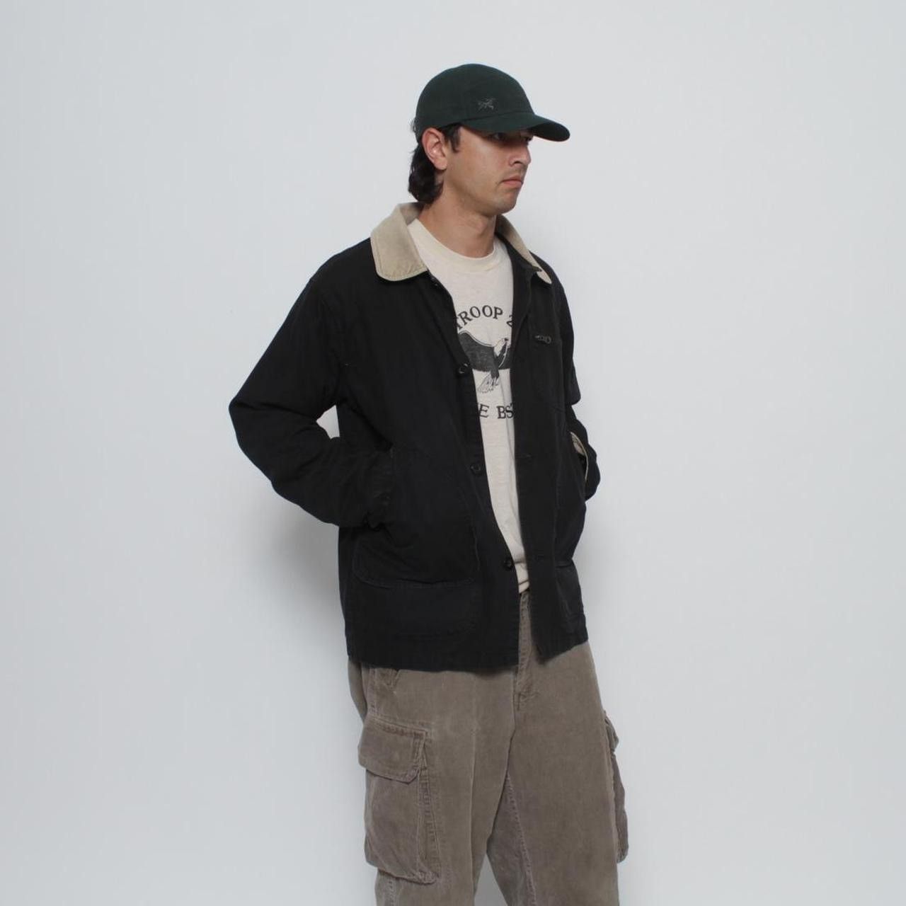 Vintage BLACK BUTTON UP CHORE JACKET WITH TAN CORDUROY COLLAR Size US L / EU 52-54 / 3 - 4 Thumbnail