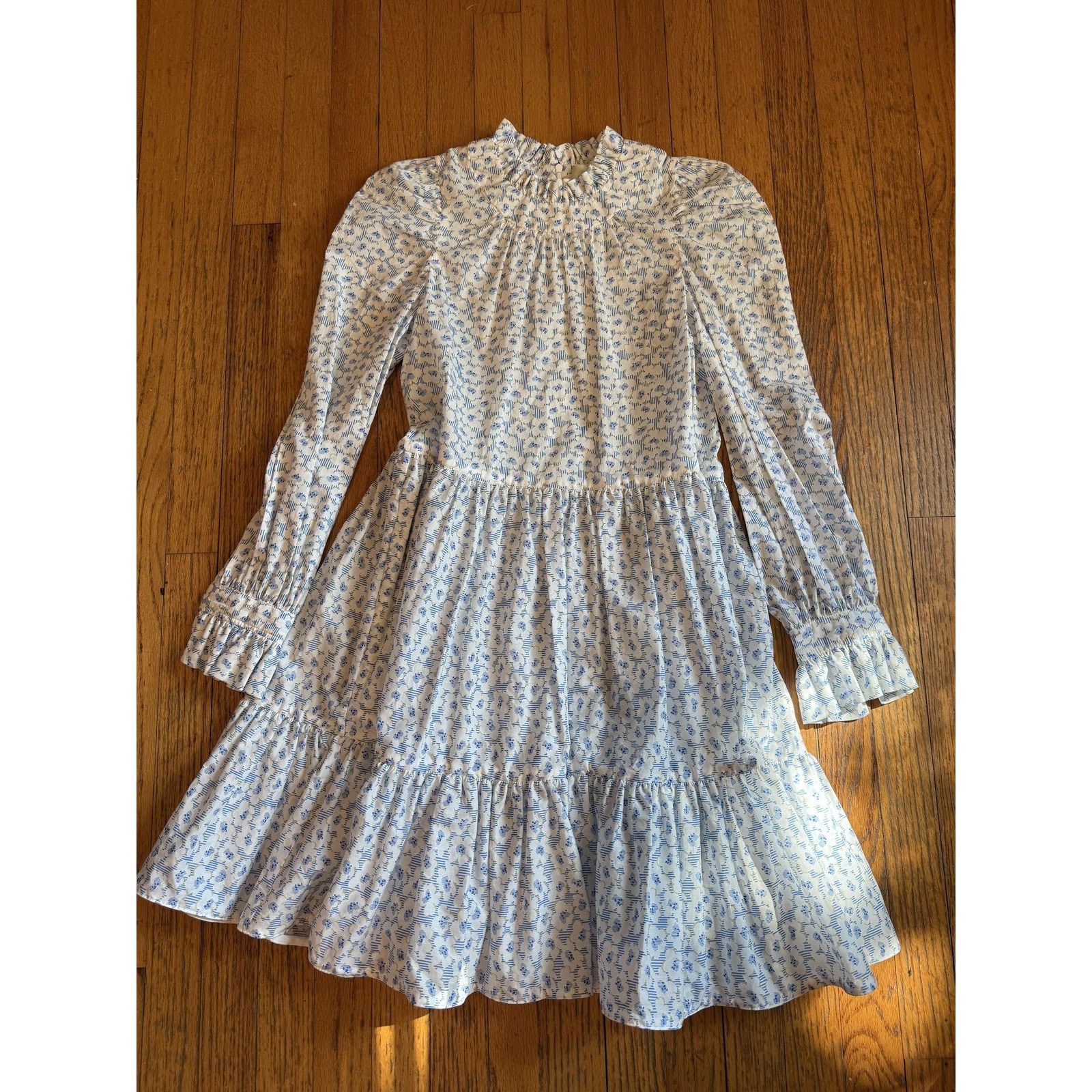 Other Tish Cox Dress Womens XXS White Blue Floral Ruffle Neck LS Size XXS / US 00 / IT 34 - 1 Thumbnail