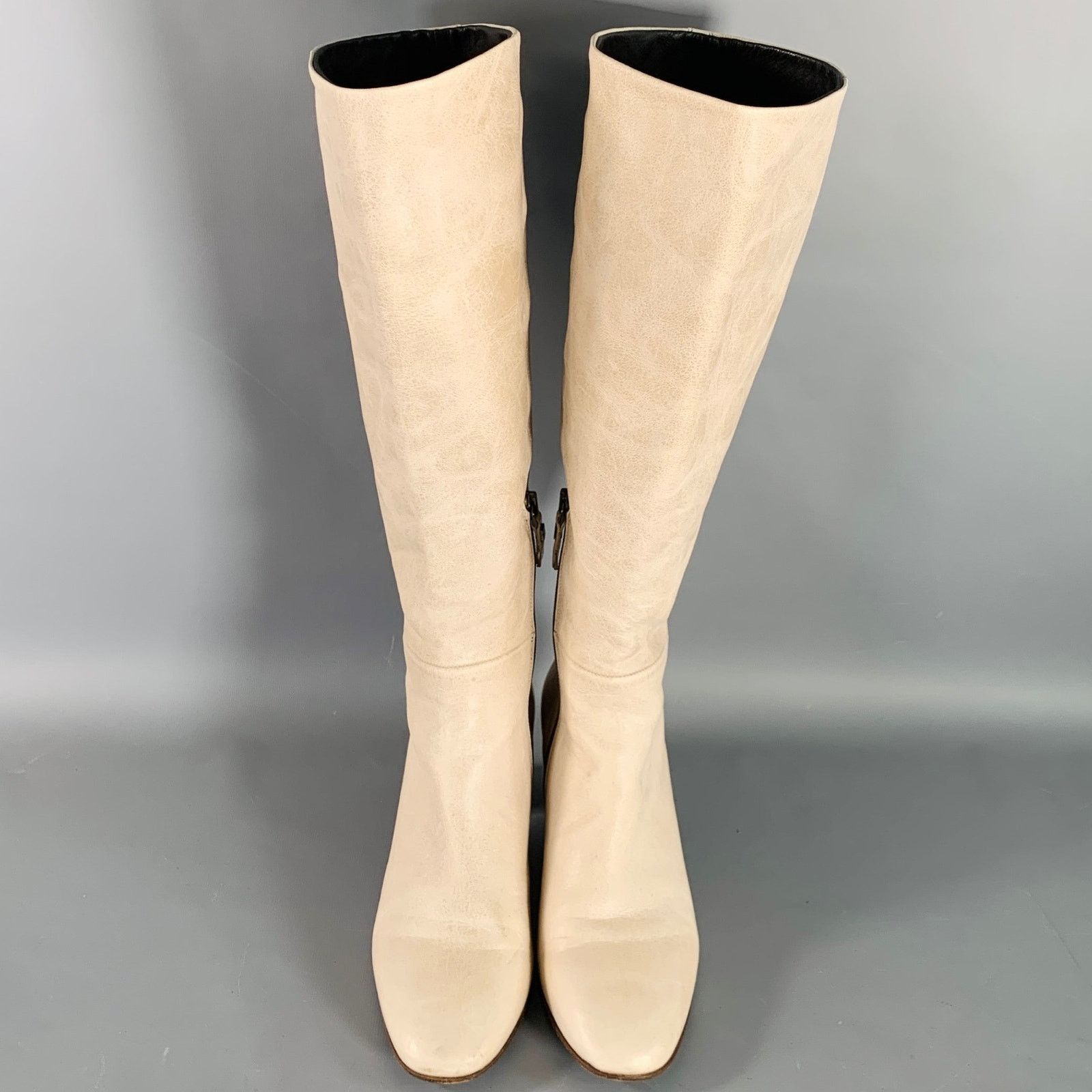 Pantanetti PANTANETTI Beige Leather Stacked Heel Calf High Boots Size US 7.5 / IT 37.5 - 4 Thumbnail