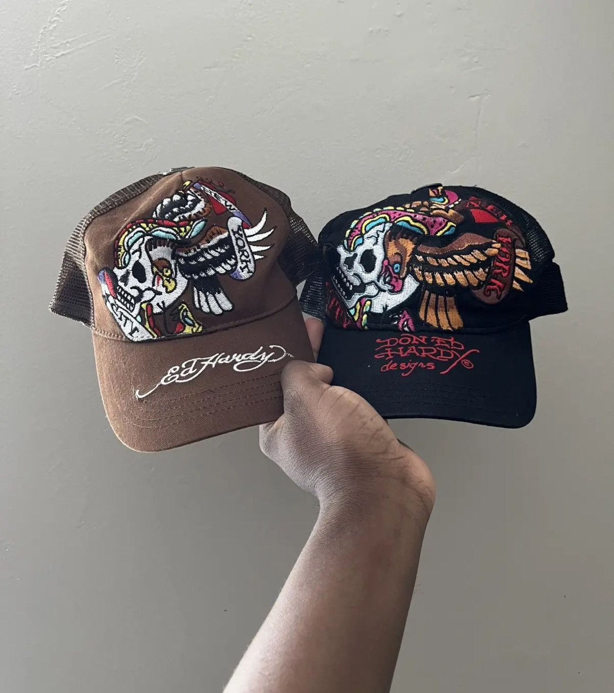 Ed Hardy TWO Ed Hardy Embroidery Skull Trucker Cap Size ONE SIZE - 1 Thumbnail