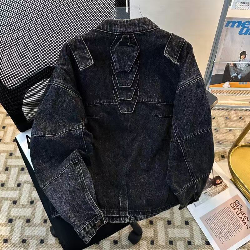 Vintage Black Washed Denim Jacket with Geometric Back Panel Size US M / EU 48-50 / 2 - 3 Thumbnail