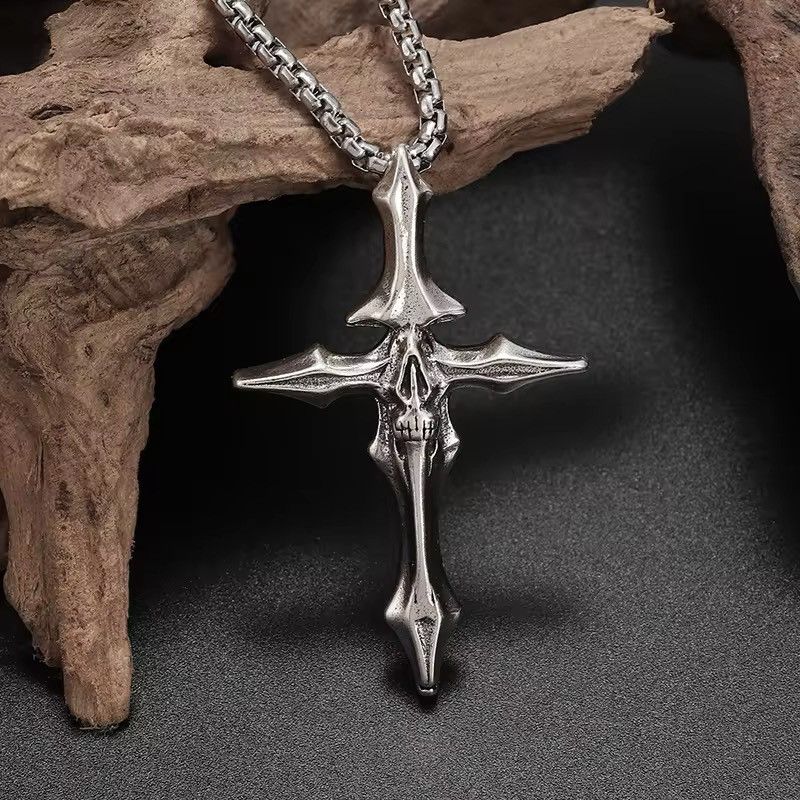 Jewelry × Vintage Retro Gothic Devil Skull Grimace Cross Pendant Necklace Size ONE SIZE - 4 Thumbnail