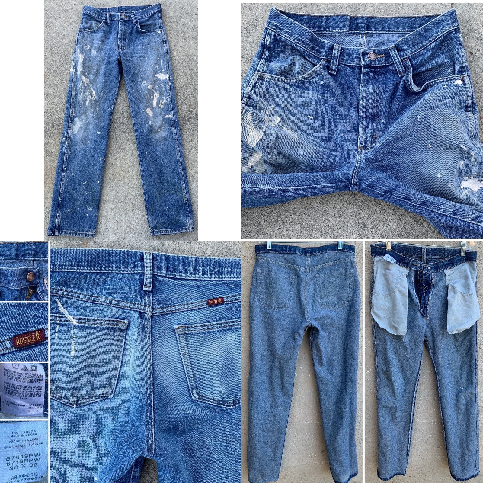 Vintage Rustler Jeans Distressed Paint Spots Faded 30 X 32 32 X 32 Denim Cotton Belt Loops 5-Pocket Men Jeans Cowboy Theme Mens Size US 32 / EU 48 - 8 Thumbnail