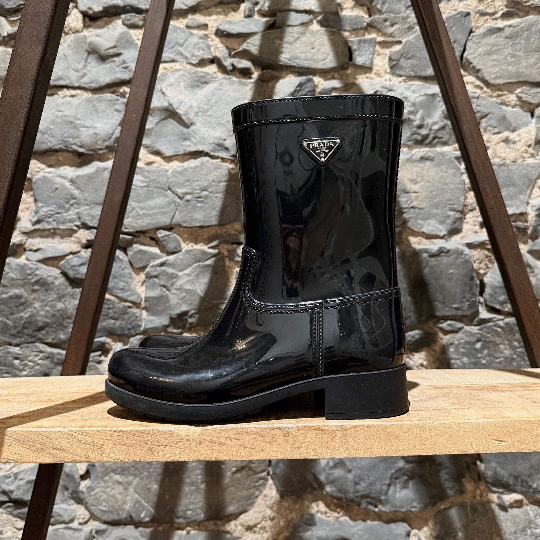 Prada Prada Black Enamel Triangle Mid-Calf Rain Boots Size US 8 / IT 38 - 7 Thumbnail