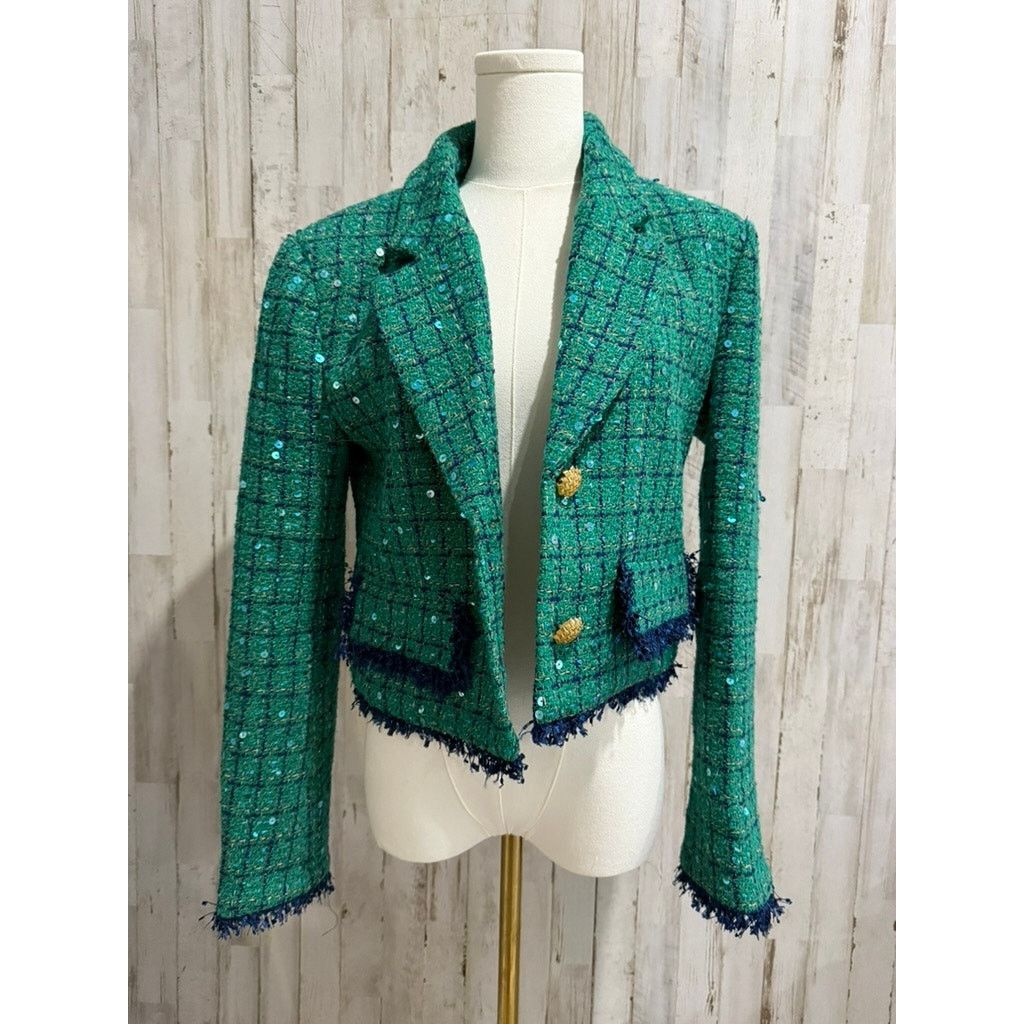 The Unbranded Brand NWT TOCCIN Jacket Womens Size 4 Green Tweed Sequin Cropped Size S / US 4 / IT 40 - 2 Thumbnail