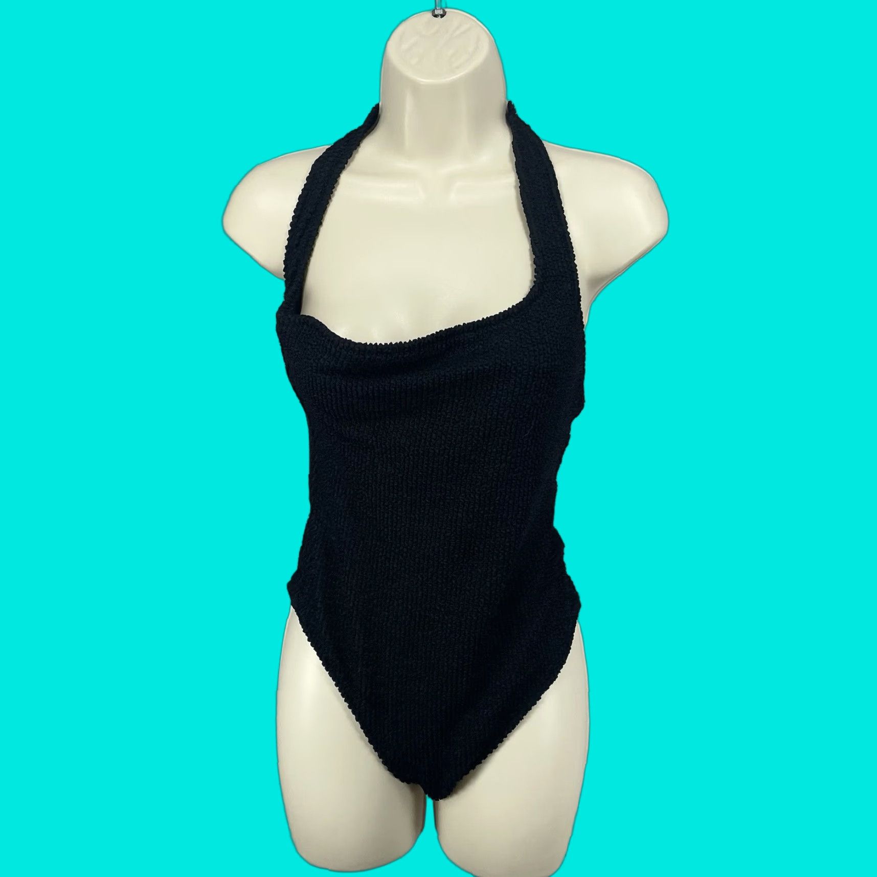 Mango MNG Swimwear Collection Black One Piece Cheeky Halter Lined Solid Ruffle Fitted Regular S Women Beach 90s? Size ONE SIZE - 1 Thumbnail