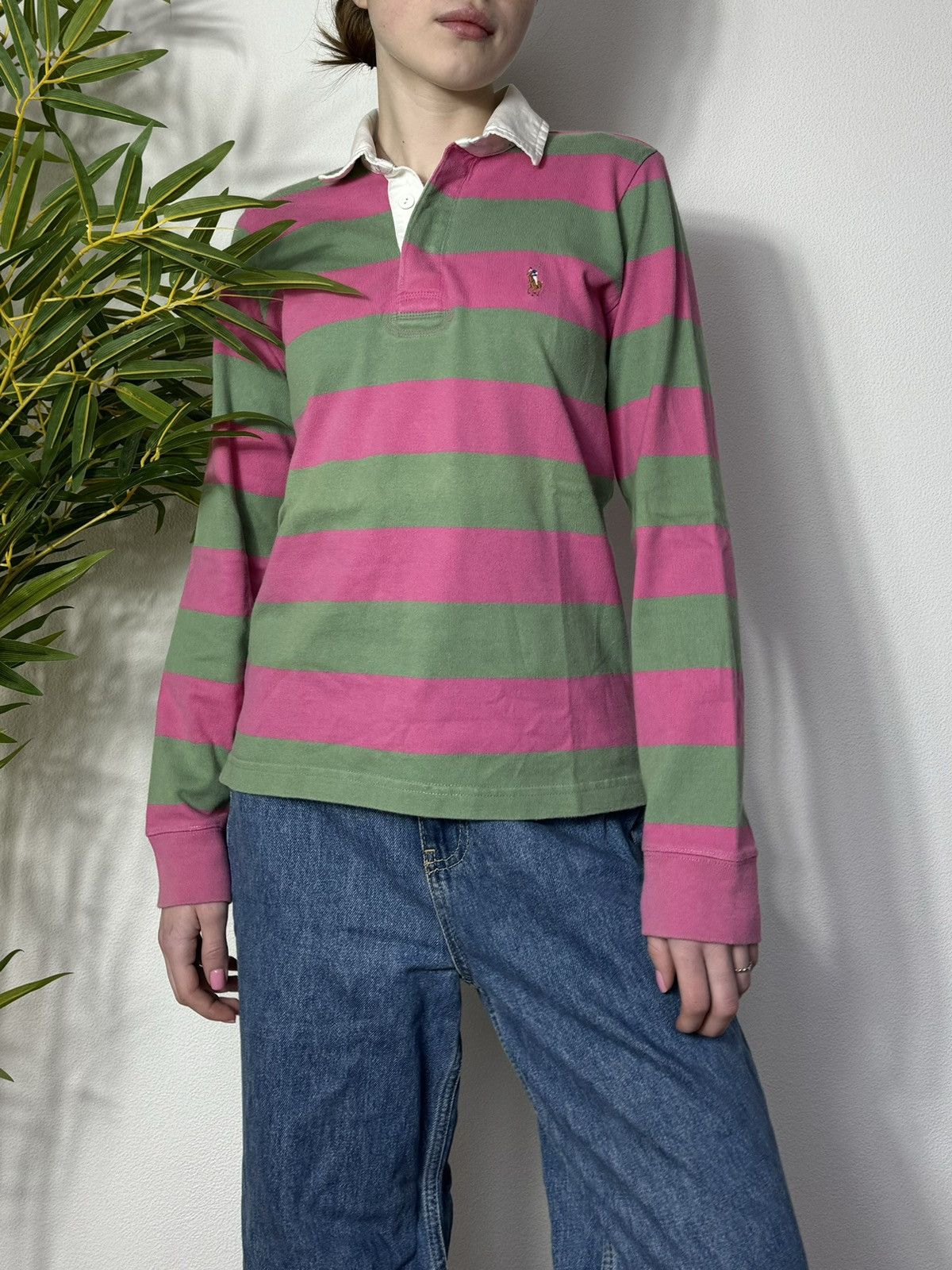 Ralph Lauren 1990s RALPH LAUREN PINK GREEN POLO LONGSLEEVE Size S / US 4 / IT 40 - 1 Thumbnail