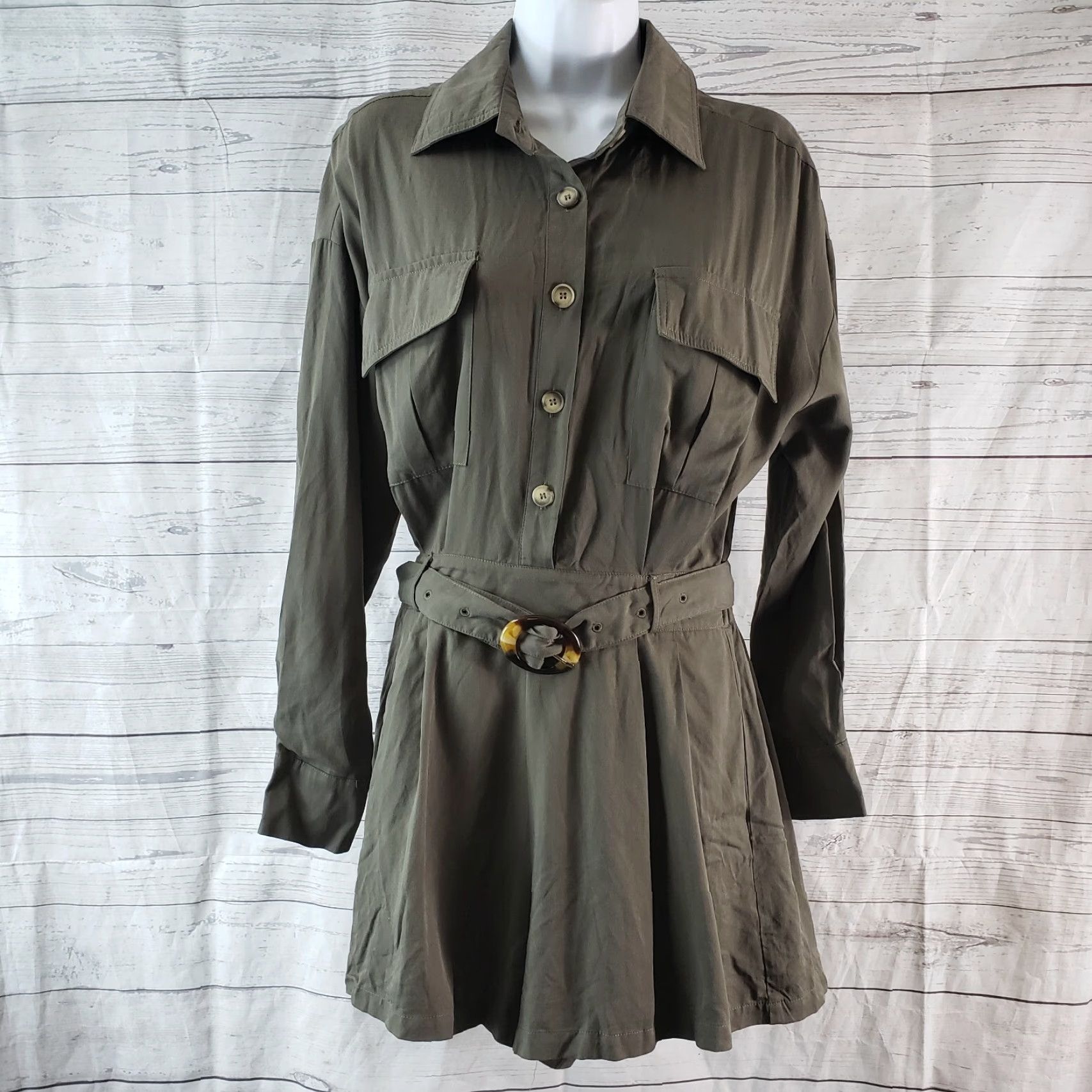 Vintage Dress Forum Romper Shirt Dress Forum Womens Romper Size S Small Green Belted Long Sleeve Rayon Blend Solid Size S / US 4 / IT 40 - 2 Thumbnail