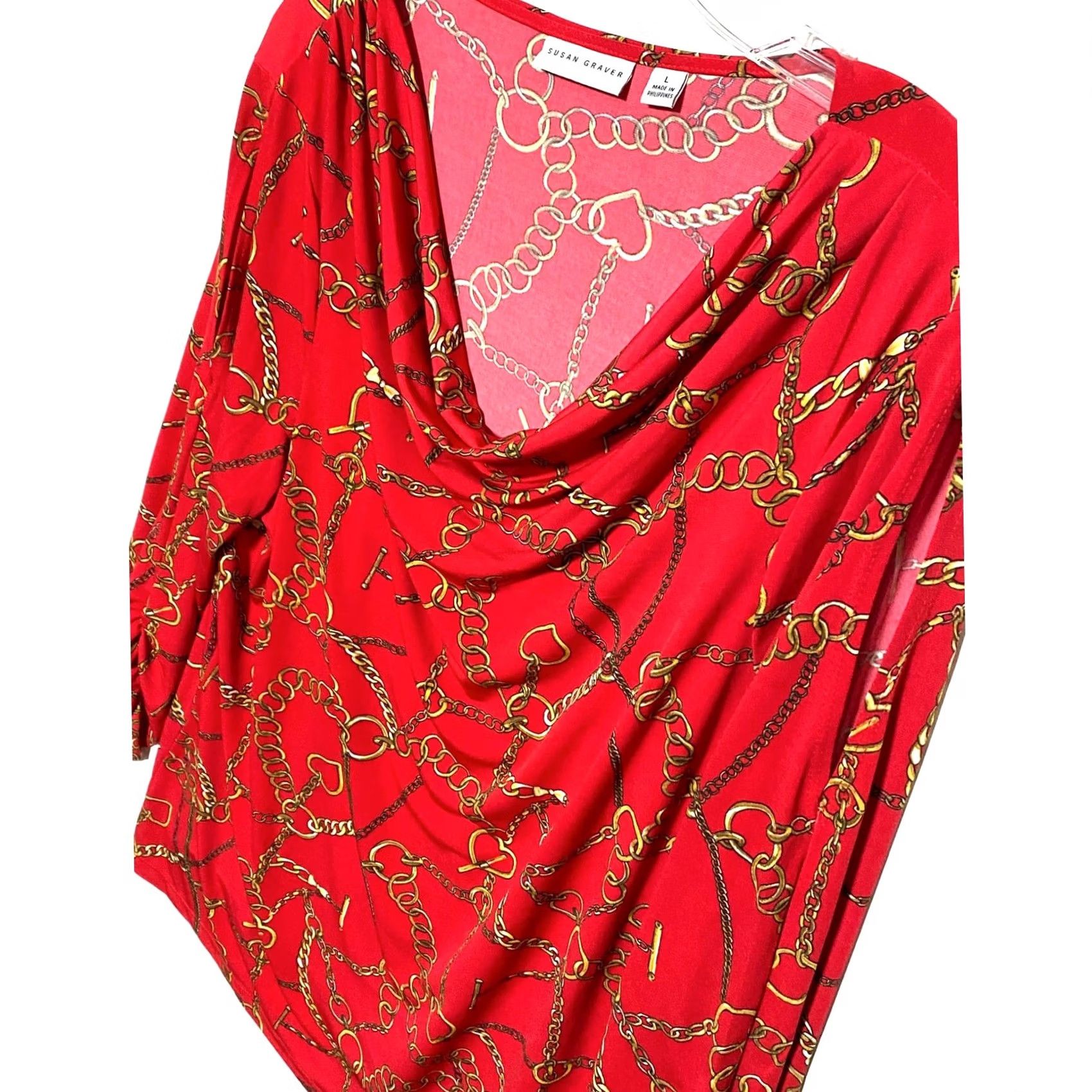 Vintage Susan Graver Red Blouse Top L Blouse Women Pullover Cowl Neck Liquid Knit Hearts Geometric Dressy Workwear Party/Cocktail Travel Mature Mens? Girls? Size L / US 10 / IT 46 - 5 Thumbnail