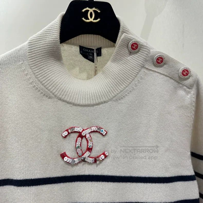 Chanel Chanel 23C Striped Sequin Logo Cashmere Sweater Size M / US 6-8 / IT 42-44 - 7 Thumbnail