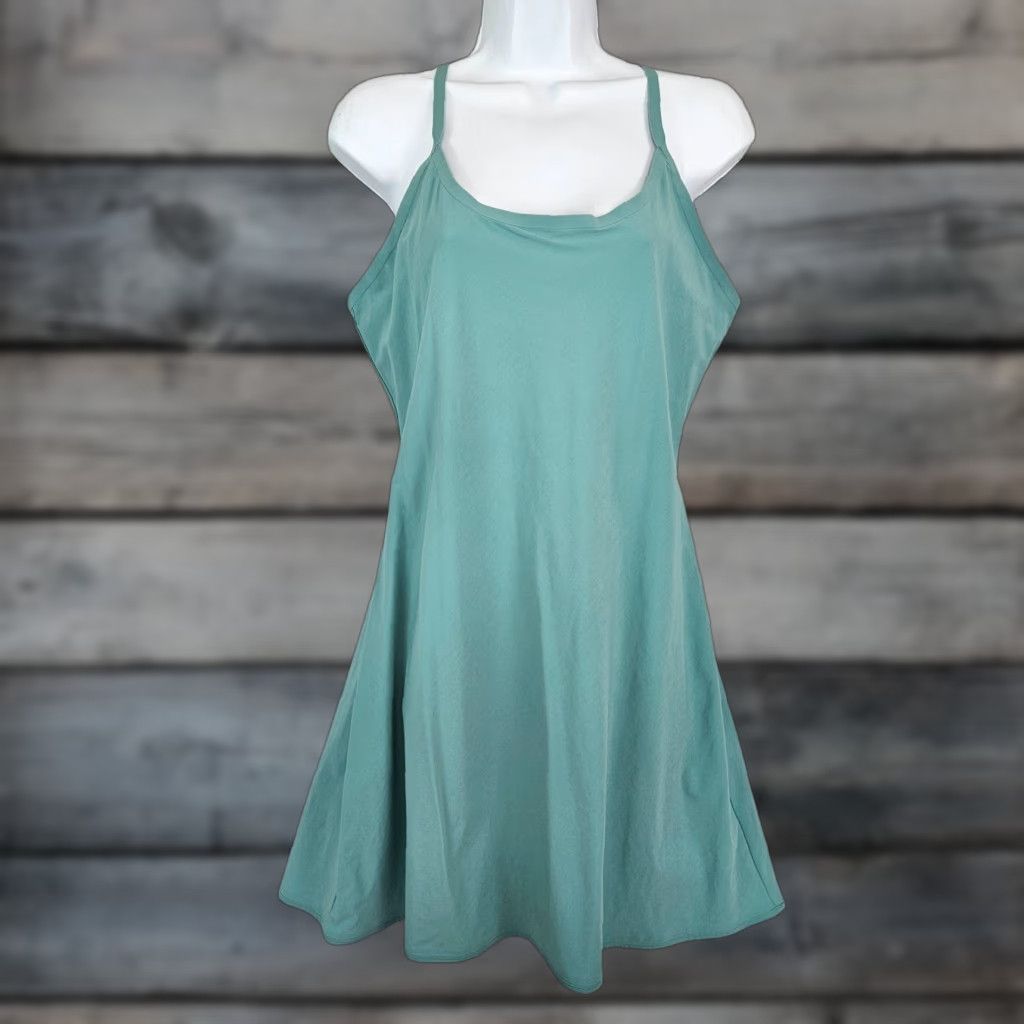 Outdoor Voices Outdoor Voices Womens Exercise Dress L Blue Green Built in Shorts Sleeveless Pullover Fit & Flare Satin? Size 36" / US 14 / IT 50 - 1 Thumbnail