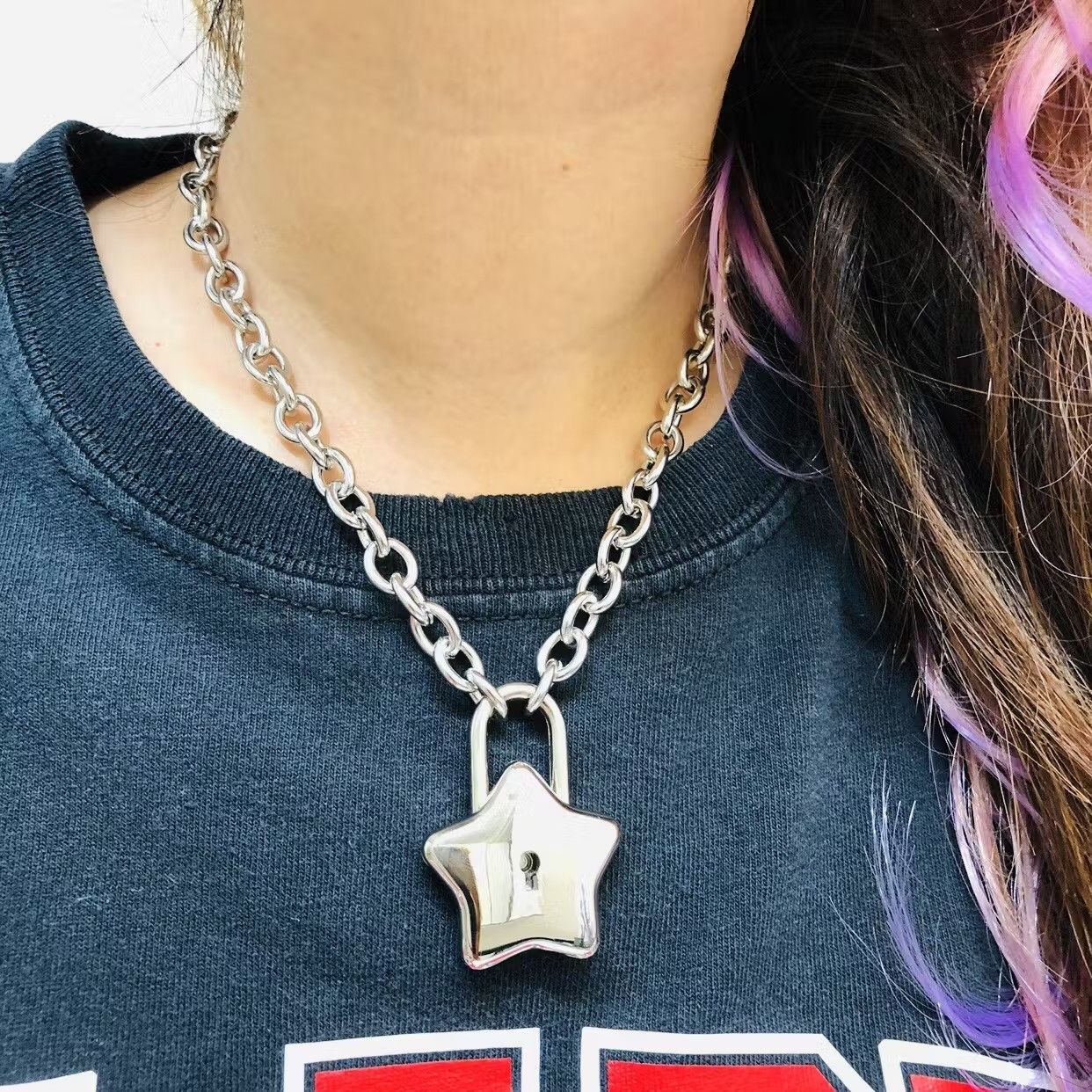 Vintage Star Padlock Pendant with a key Necklace Choker Size ONE SIZE - 4 Thumbnail
