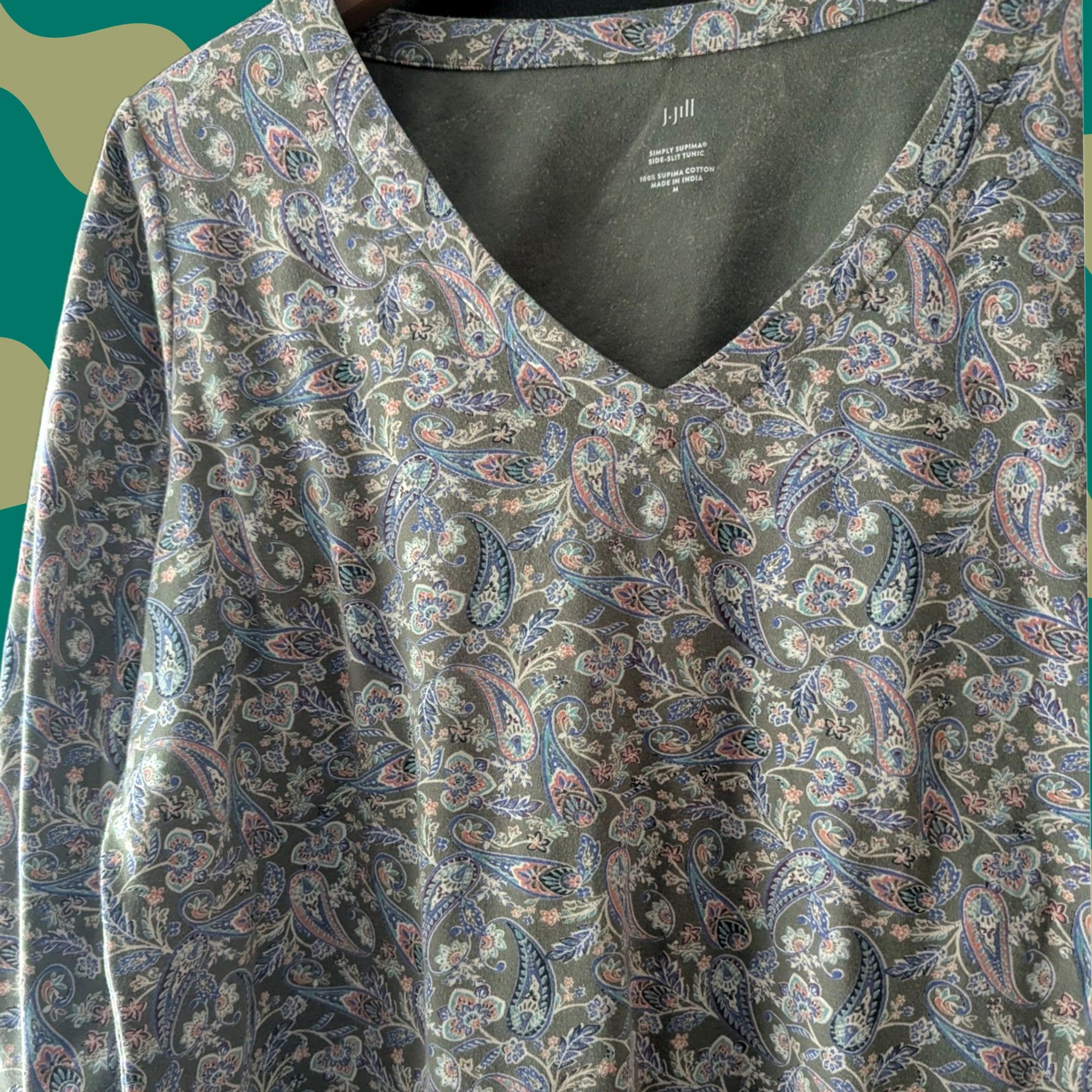 J. Jill J. Jill Simply Supima Cotton Paisley V-Neck Tunic Olive Green M Long Sleeve Womens Slit Casual Knit 100% Cotton Size M / US 6-8 / IT 42-44 - 1 Thumbnail