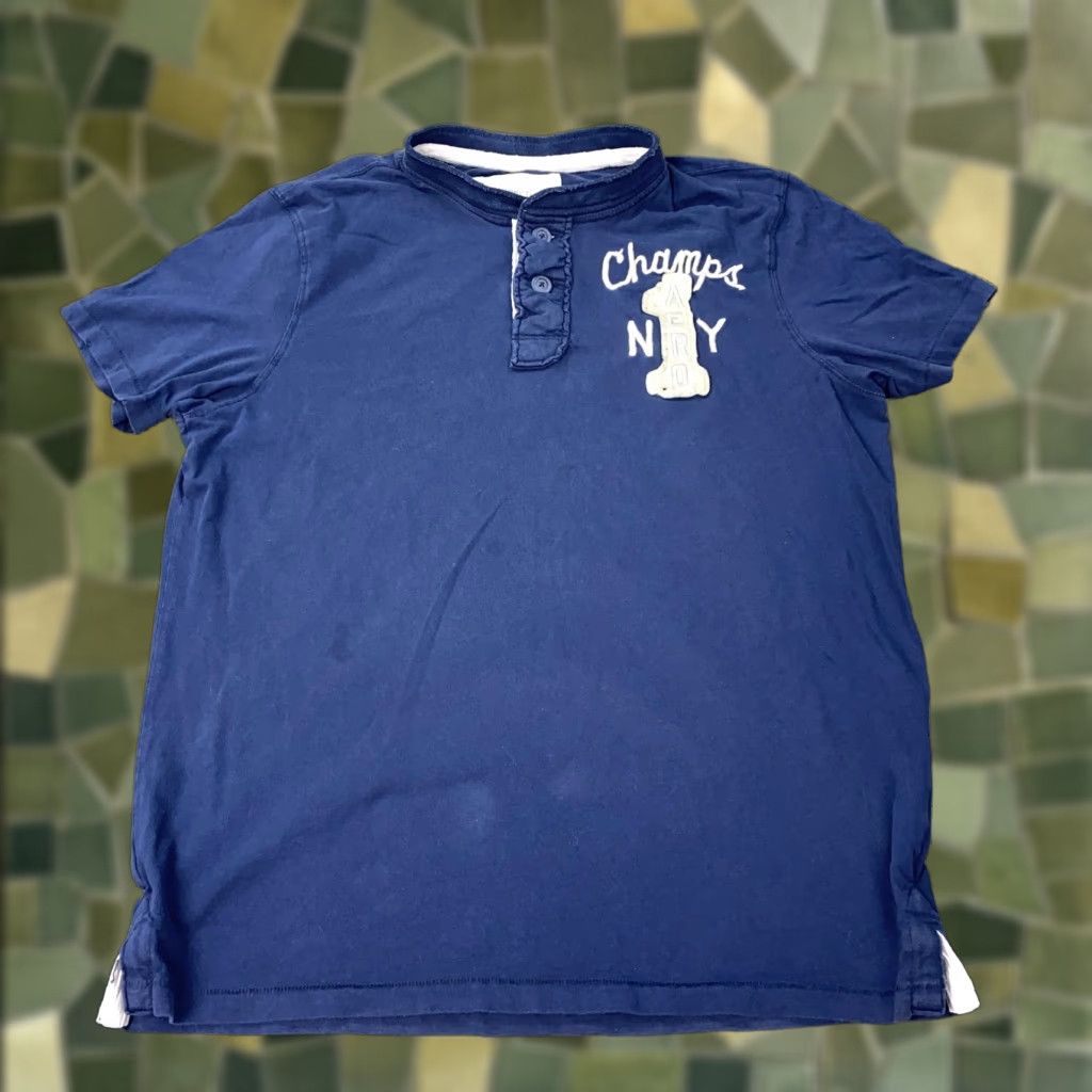 Vintage Aero Champs NY Henley Shirt Mens XL Navy Blue Short Sleeve Casual Cotton T-Shirt Size US XL / EU 56 / 4 - 1 Thumbnail