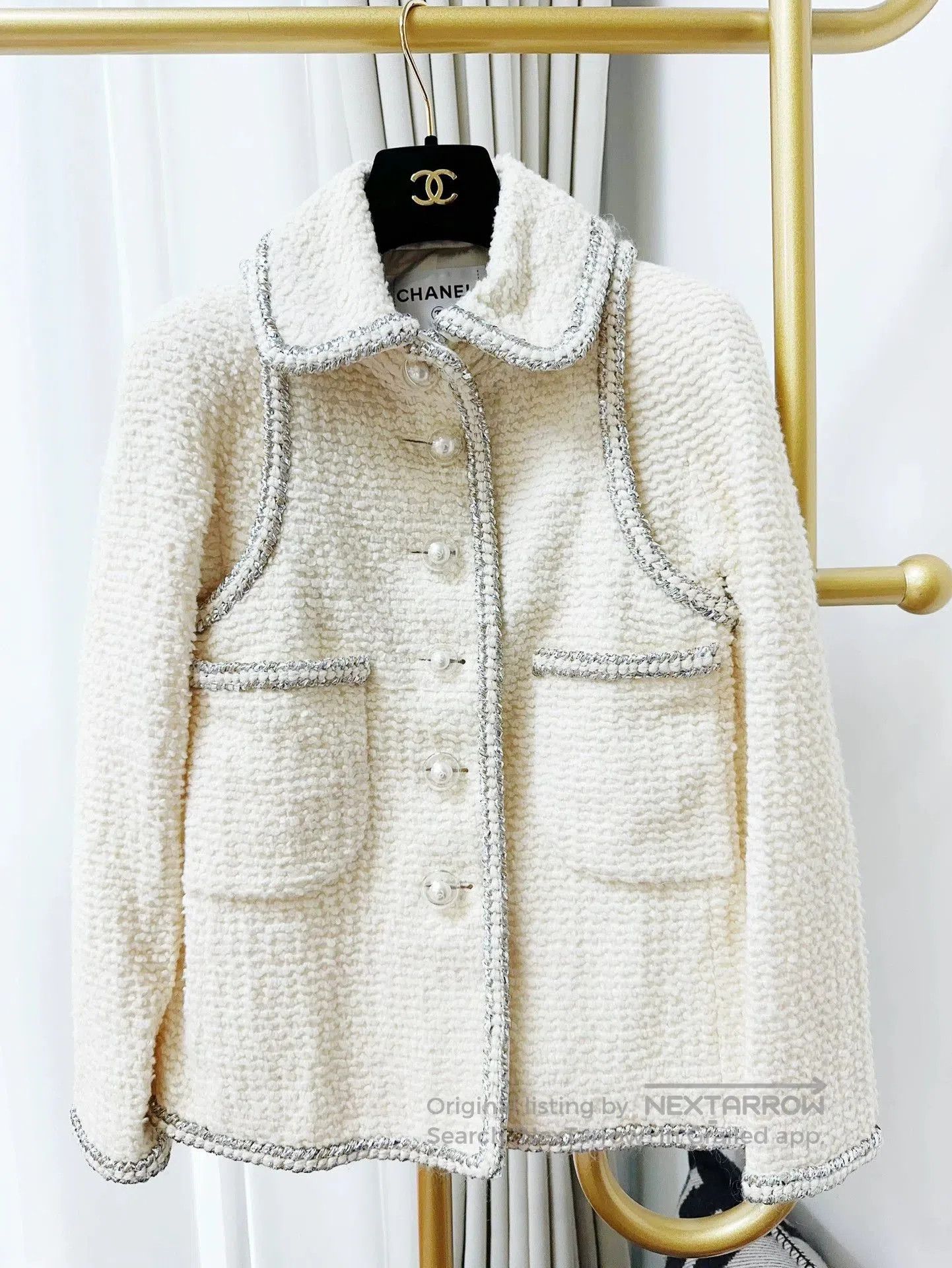 Chanel Beige Tweed Pearl Button Jacket.