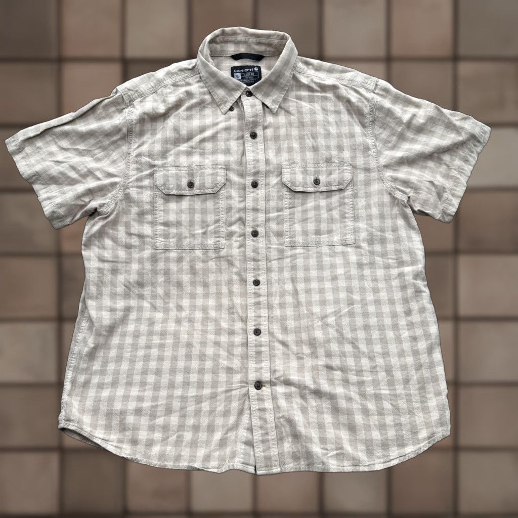 Carhartt VINTAGE Carhartt Shirt Mens XL Beige Gray Plaid Short Sleeve Button Front Workwear Size US XL / EU 56 / 4 - 1 Thumbnail