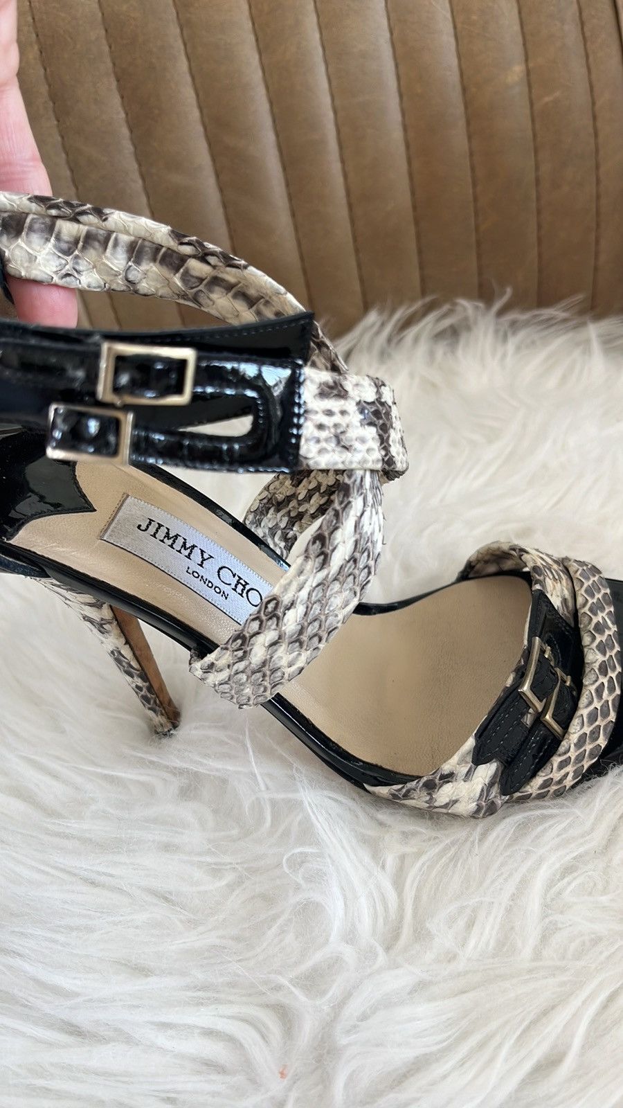 Jimmy Choo Jimmy Choo, black white snakeskin strappy heels Size US 6.5 / IT 36.5 - 3 Thumbnail