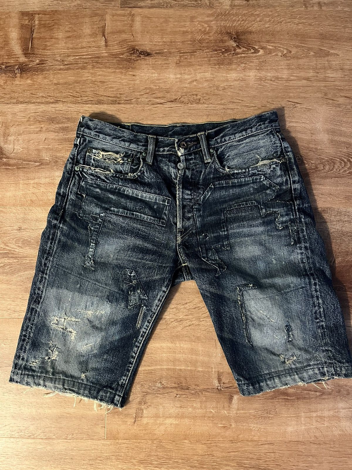 image of Kapital Patchwork Jean Shorts in Blue, Men's (Size 30)