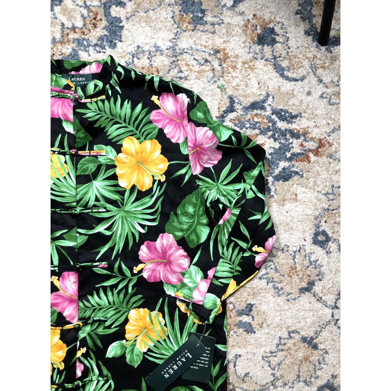 Ralph Lauren Lauren Ralph Lauren Jacket Womens Medium Black Linen Floral Hawaiian Tunic Top Size M / US 6-8 / IT 42-44 - 4 Thumbnail
