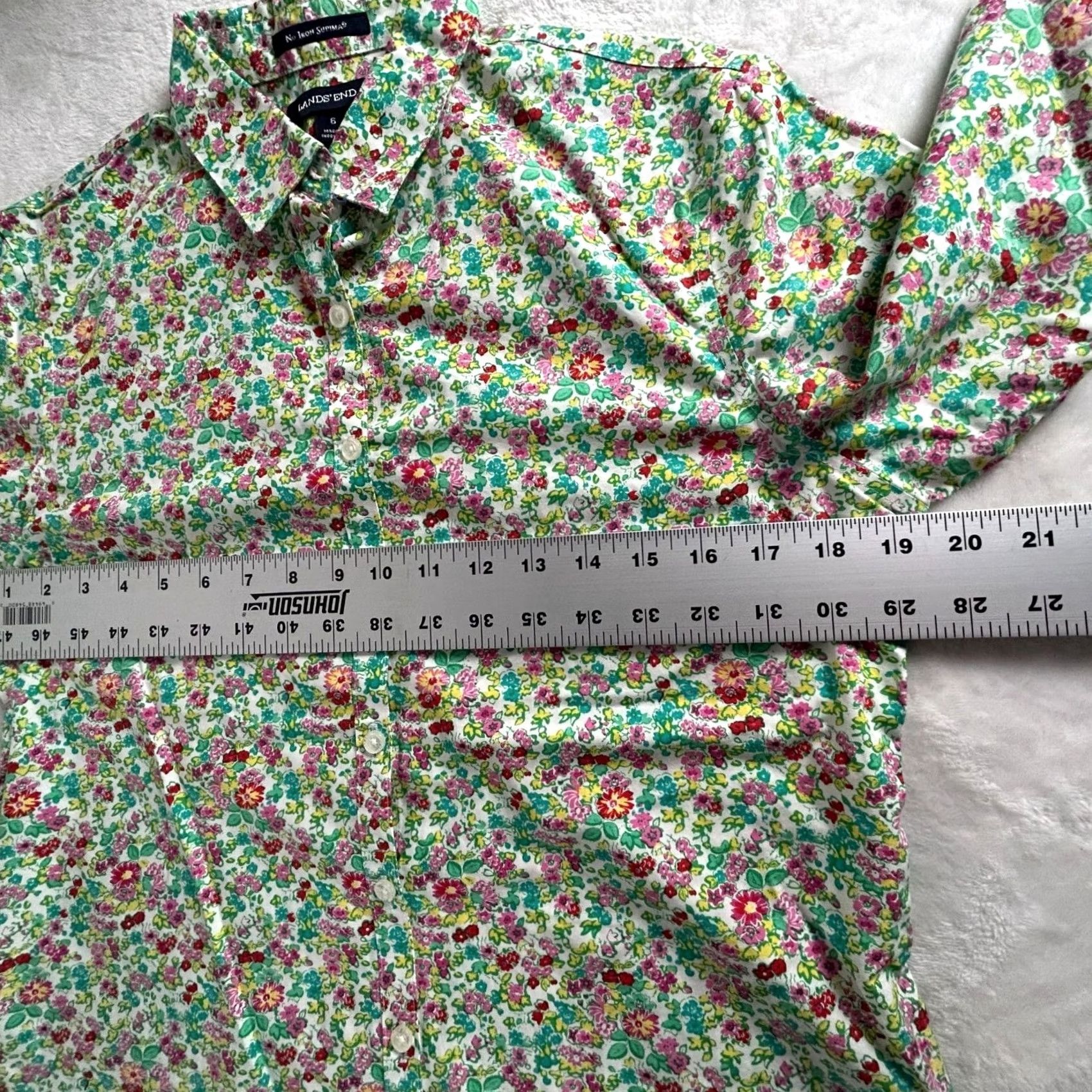 Lands' End Lands' End Womens Button-Down Shirt Floral No Iron Supima Cotton Size 6 Green Size M / US 6-8 / IT 42-44 - 6 Thumbnail