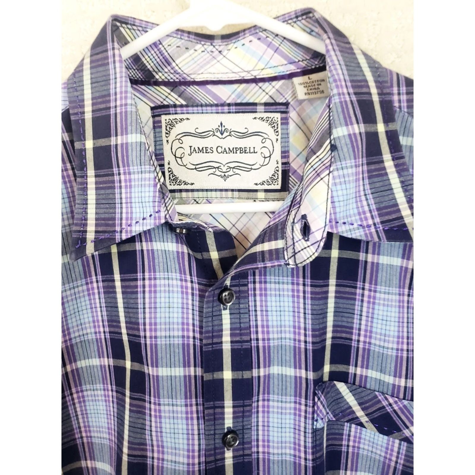 Vintage James Campbell Men's L Button-Down Shirt Blue Purple Plaid Short Sleeve Casual Workwear Travel Party/Cocktail Size US L / EU 52-54 / 3 - 4 Thumbnail