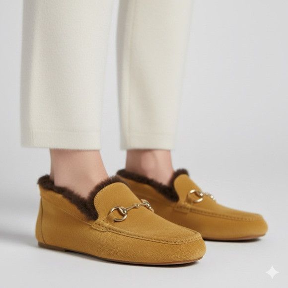 Gucci Gucci Mustard Suede Sheepskin Lined Slippers - 5, fits SMALL Size US 5 / IT 35 - 1 Thumbnail