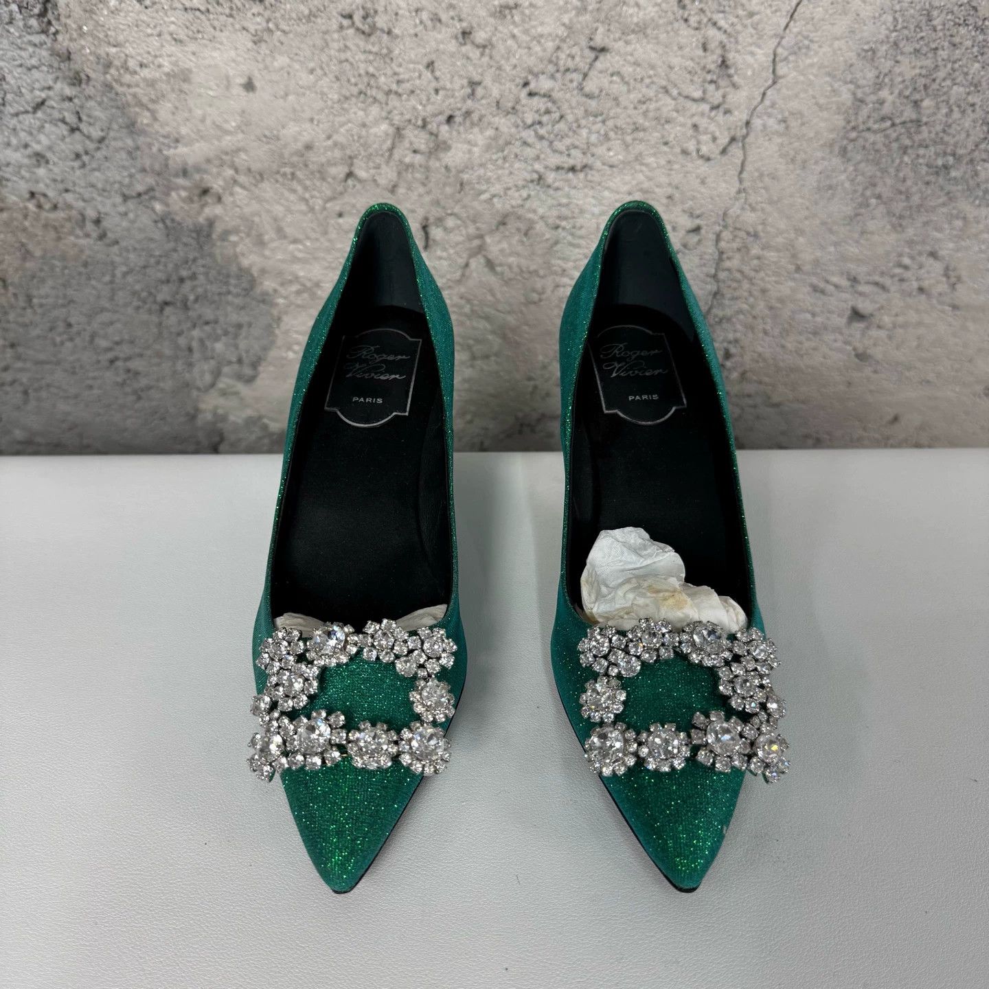 Roger Vivier RV Crystal Flower Buckle Satin Pt Pumps 36.5 New Size US 6 / IT 36 - 7 Thumbnail