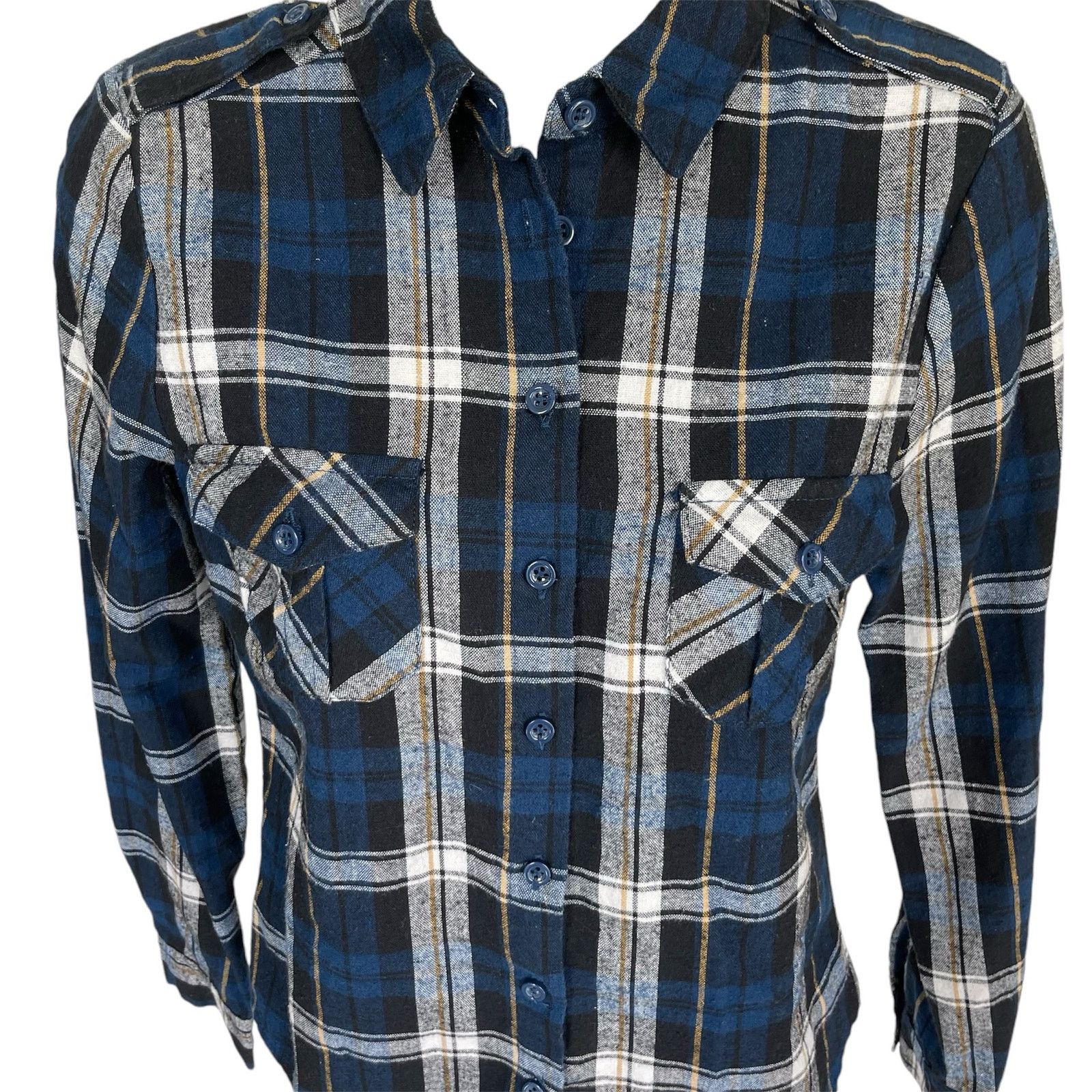 Other Navy Blue White Gold Plaid Button Down Flannel Shirt Small Size S / US 4 / IT 40 - 2 Thumbnail