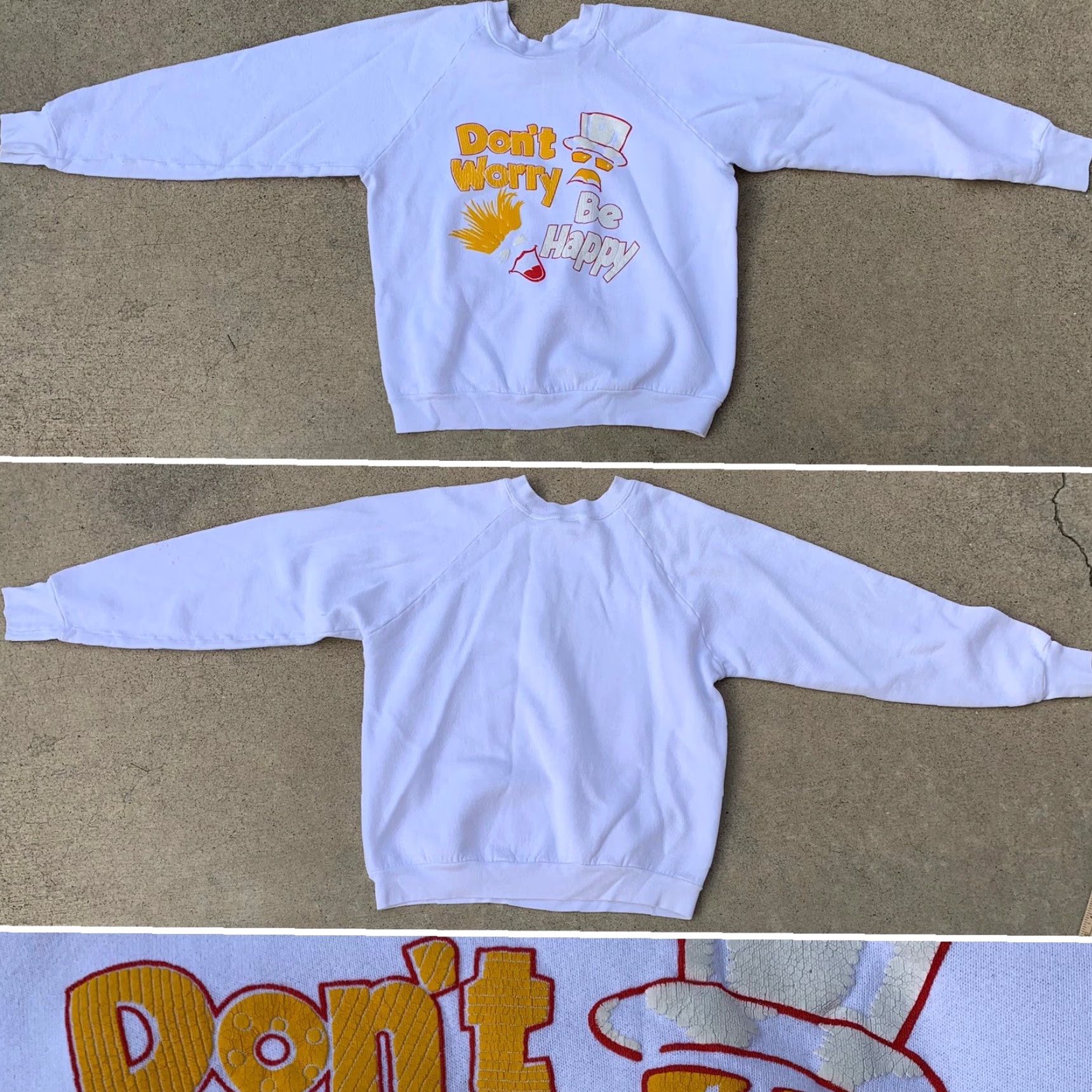 Vintage VINTAGE Don’t Worry Be Happy raglan sweatshirt 80s 90s 1980s Size M Mens White Graphic Sweatshirt Raglan Pullover Jumper Sweater Size US M / EU 48-50 / 2 - 4 Thumbnail