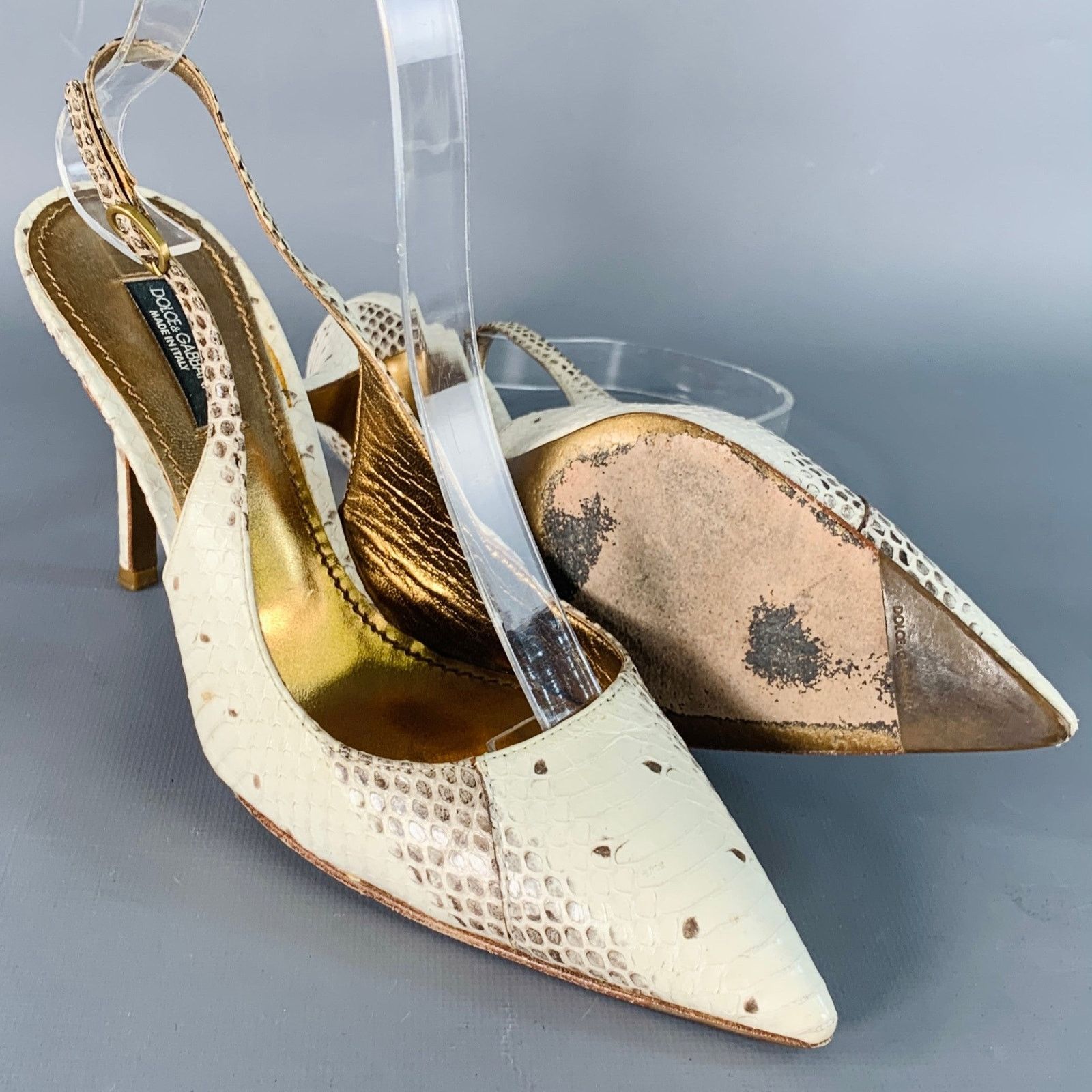 Dolce & Gabbana Size 6.5 Beige Brown Snakeskin Leather Slingback Pumps Size US 6.5 / IT 36.5 - 5 Thumbnail