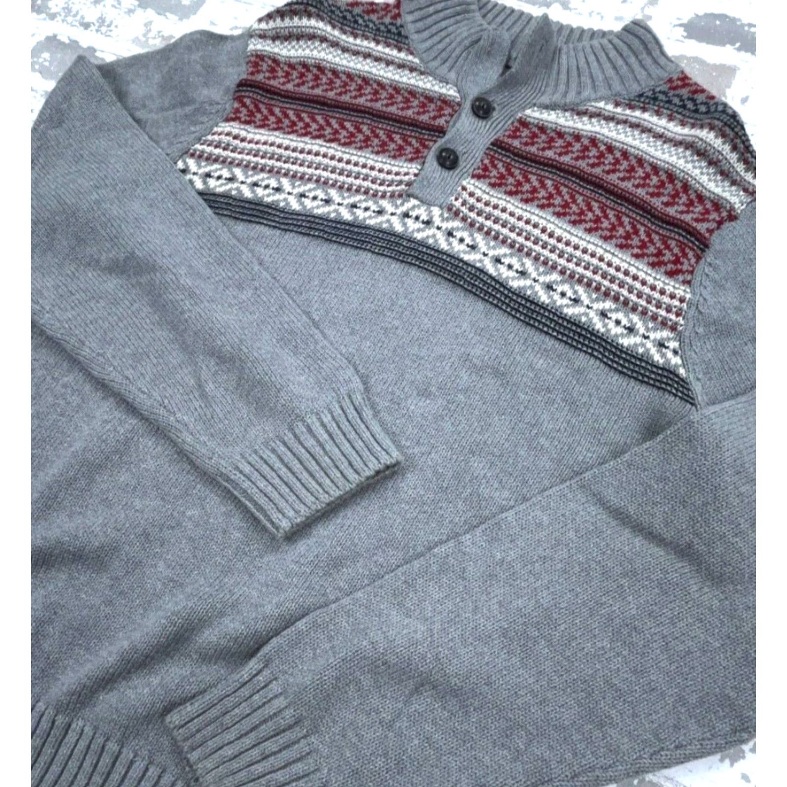 Chaps VINTAGE Chaps Sweater Men Medium Gray Red Henley Heavy Knit Holiday Fair Isle Nordic Size US M / EU 48-50 / 2 - 3 Thumbnail