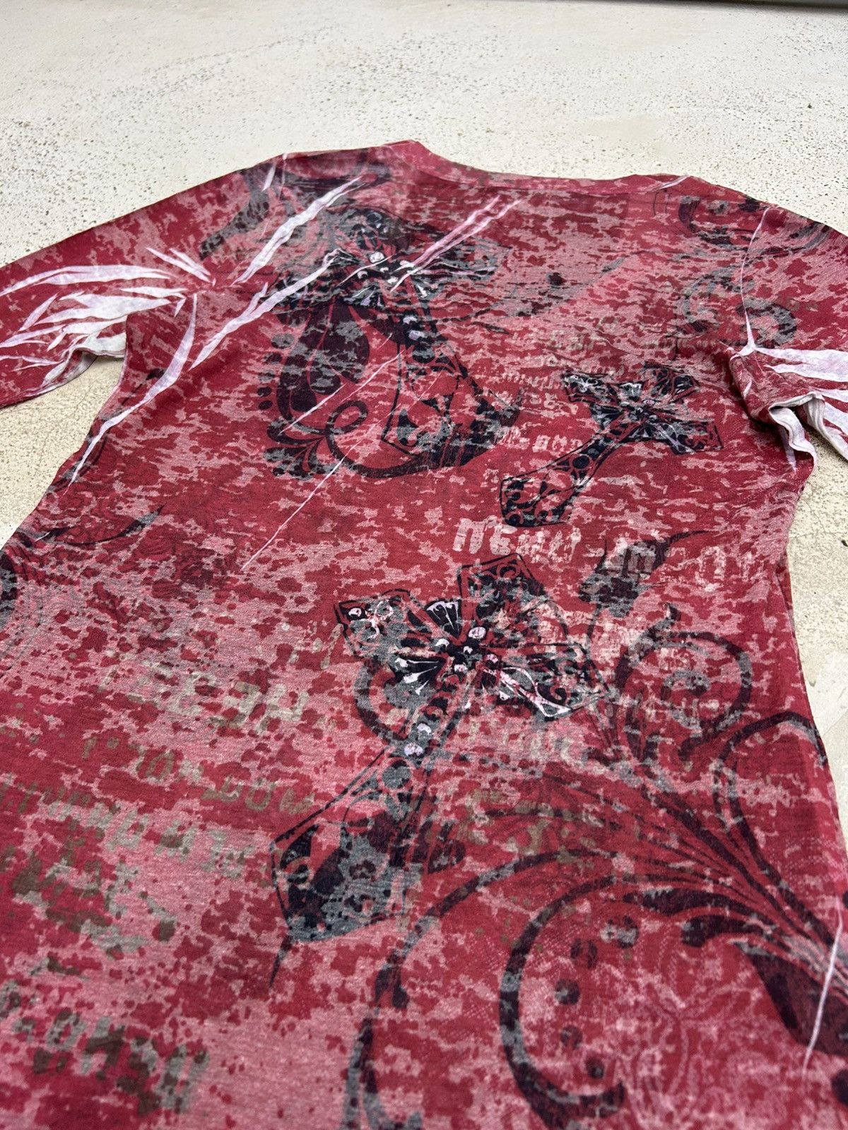 Designer × Japanese Brand Edgy Red L/ Sleeve Top –Distressed Print Angel Wing Graphics Size US XS / EU 42 / 0 - 14 Thumbnail