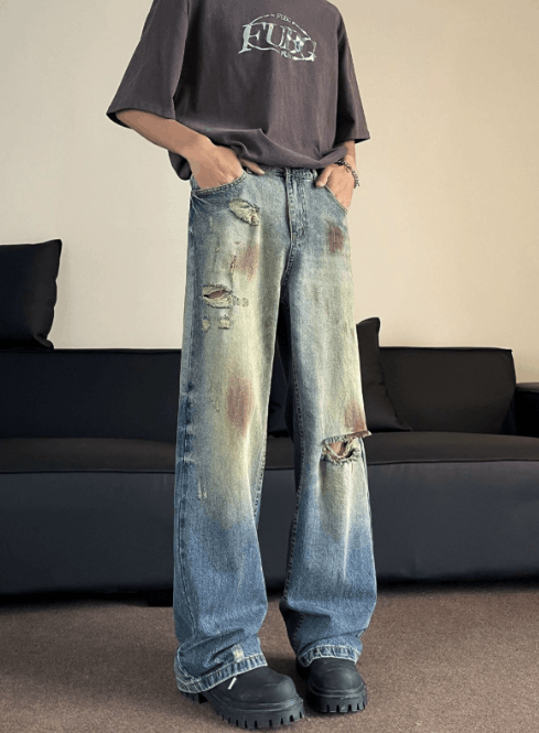 Japanese Brand × Jean American retro washed distressed straight-leg ripped jeans Size US 32 / EU 48 - 2 Thumbnail