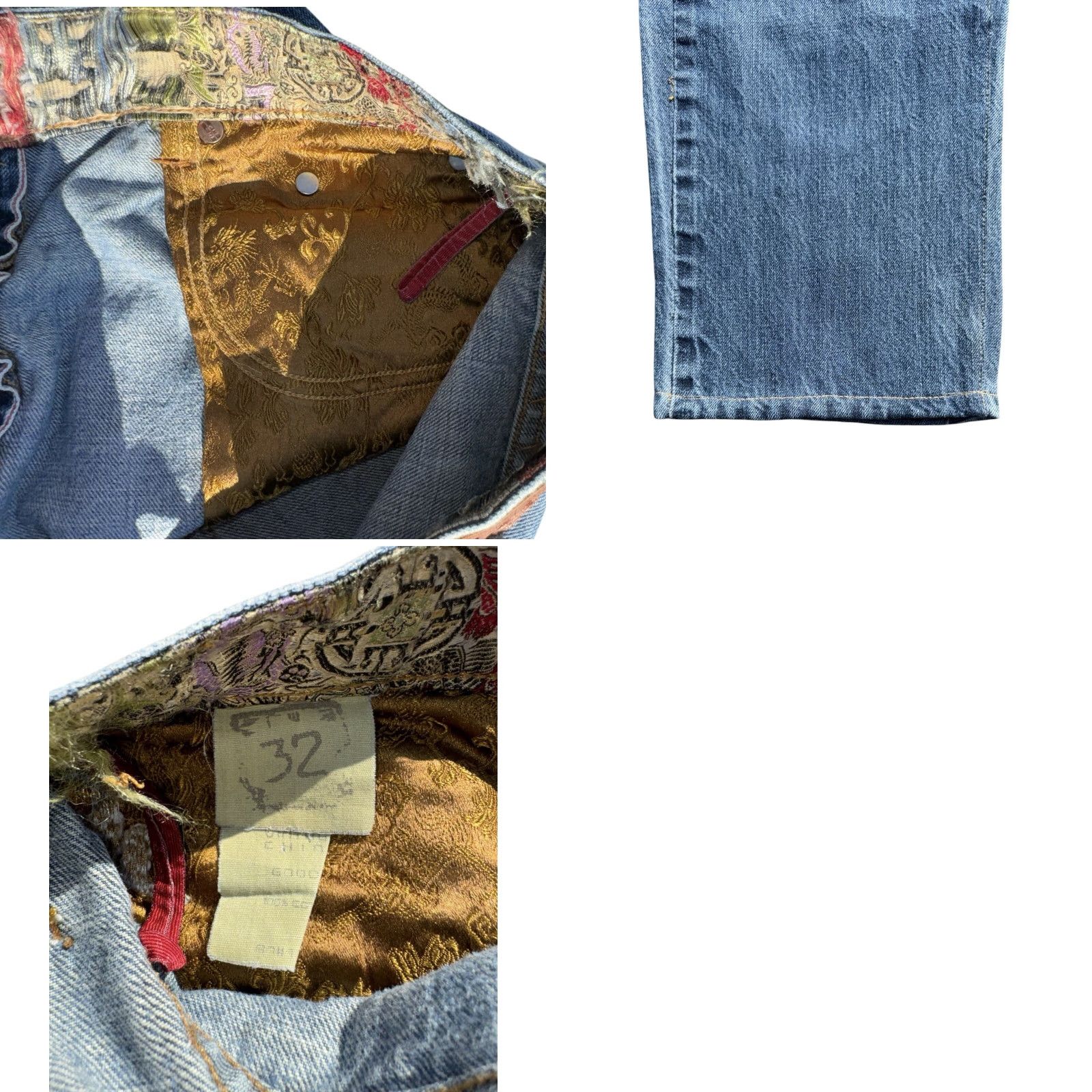 Vintage VINTAGE China Jeans 90s Distressed Repaired Embroidered Satin Selvedge Sz 32 Men Blue Straight Size US 32 / EU 48 - 9 Thumbnail