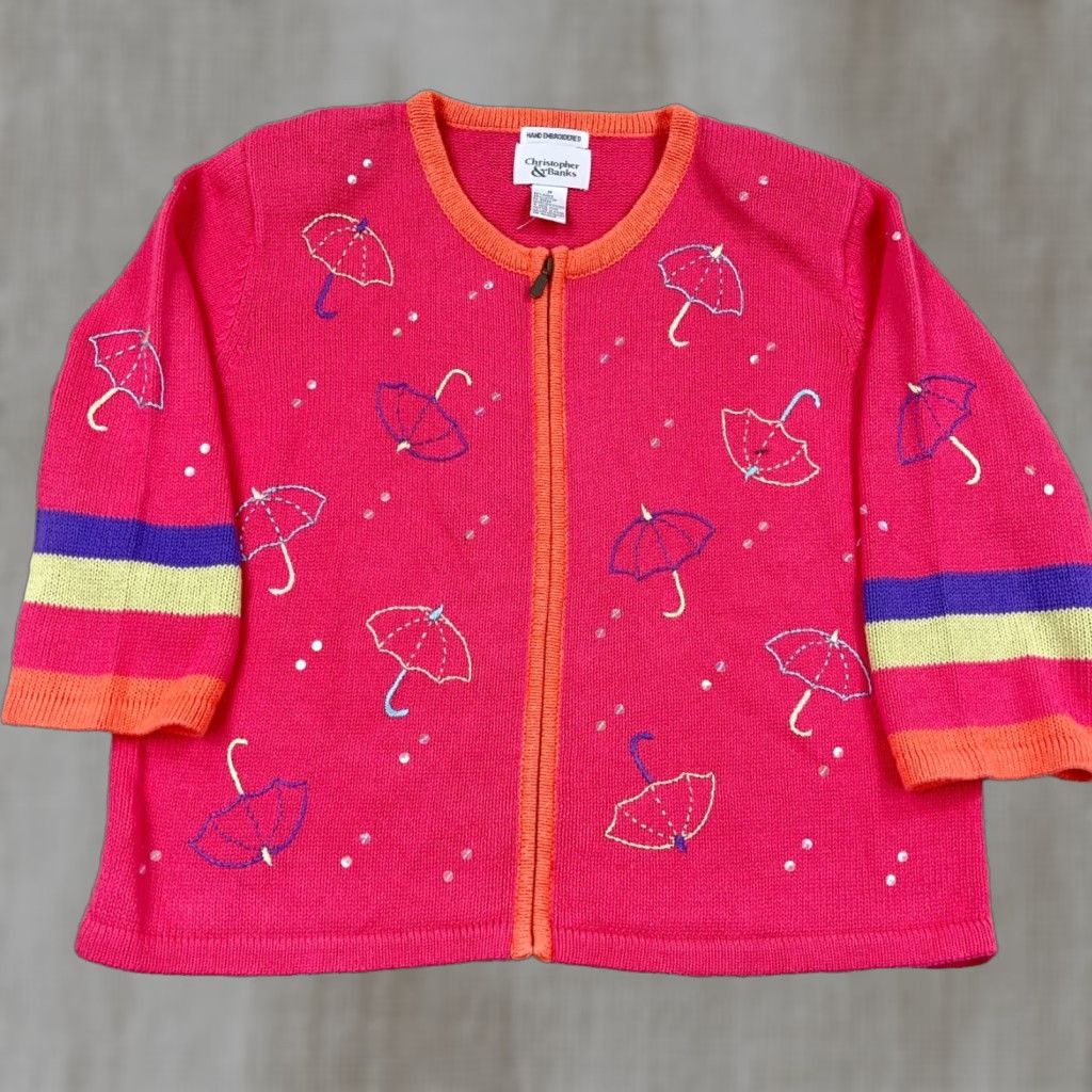 Vintage VINTAGE Christopher & Banks Cardigan Sweater Women M Pink Umbrella Full Zip Geometric Knit Pattern 90s/Classic Indoor Outdoor Casual Size M / US 6-8 / IT 42-44 - 1 Thumbnail