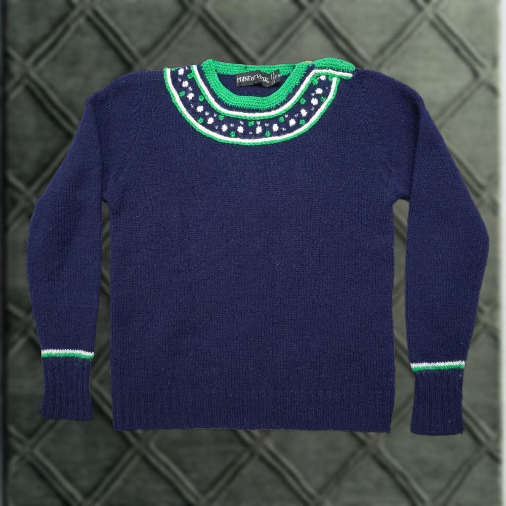 Vintage VINTAGE Point Of View Sweater Shirt Unisex Adults Knit Wool Blue 80s 90s Cable V-Neck Long Sleeve Pullover Medium M Size M / US 6-8 / IT 42-44 - 1 Thumbnail