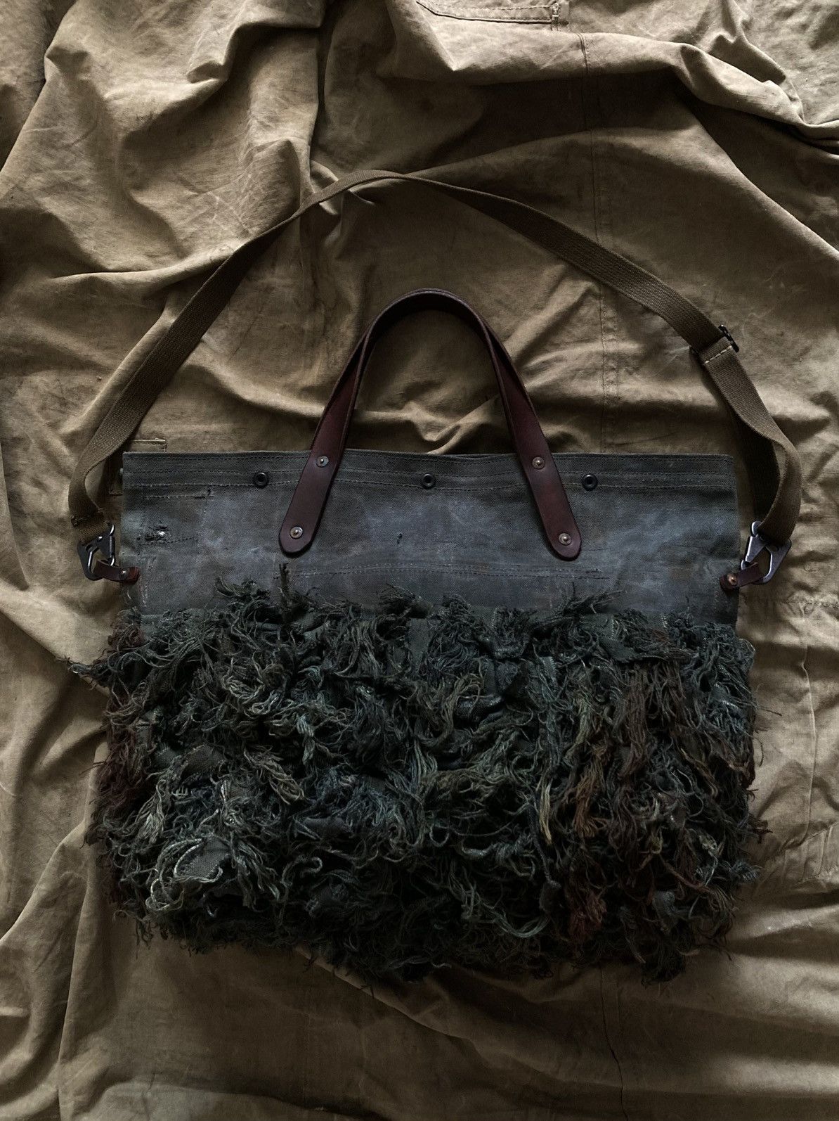 Handmade Reworked Waxed Heavy Canvas Crossbody Tote Bag Vintage Army Size ONE SIZE - 5 Thumbnail