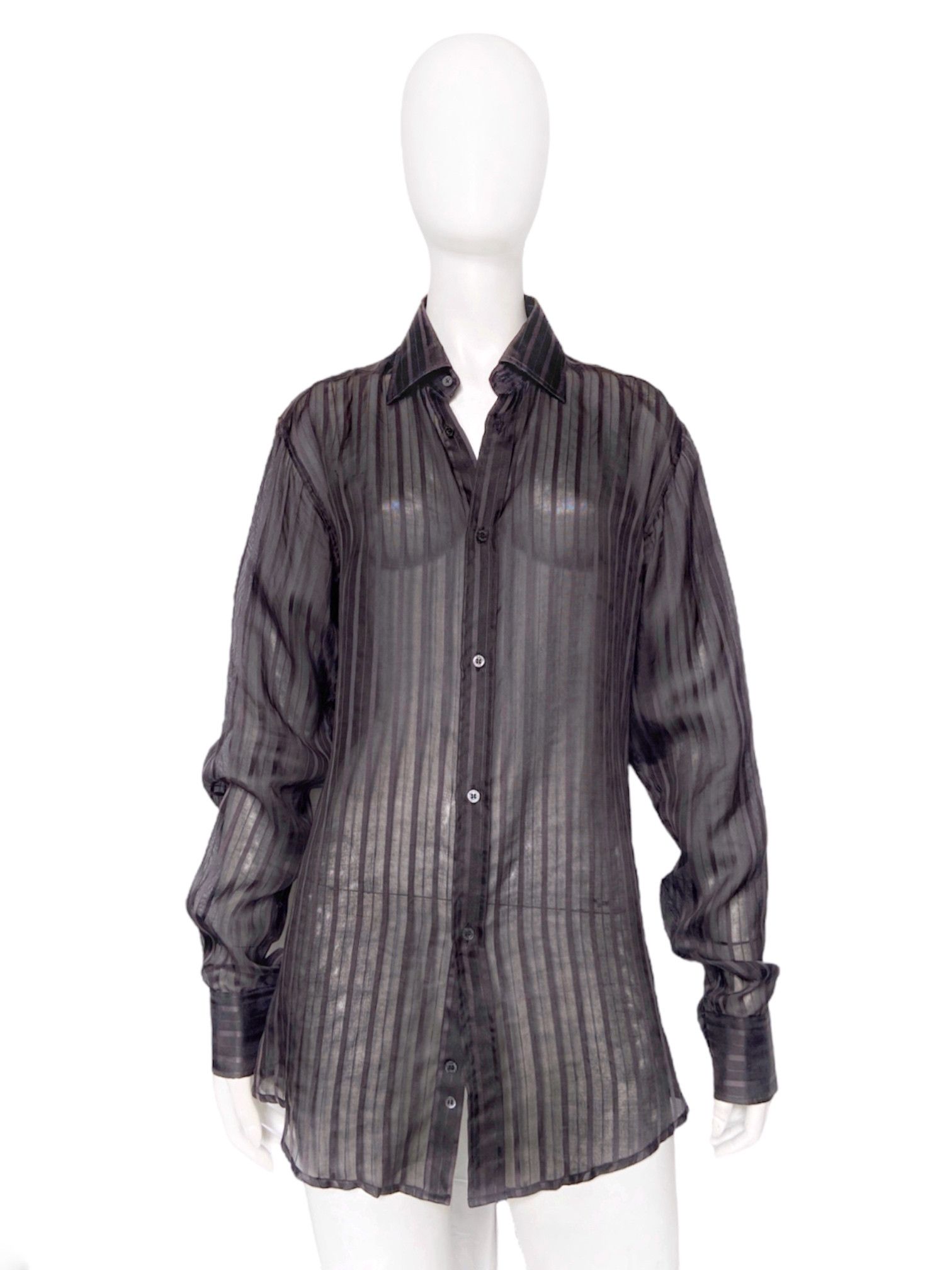 image of Gucci Spring 2003 Tom Ford Striped Sheer Silk Dress Shirt in Black, Men's (Size Medium)