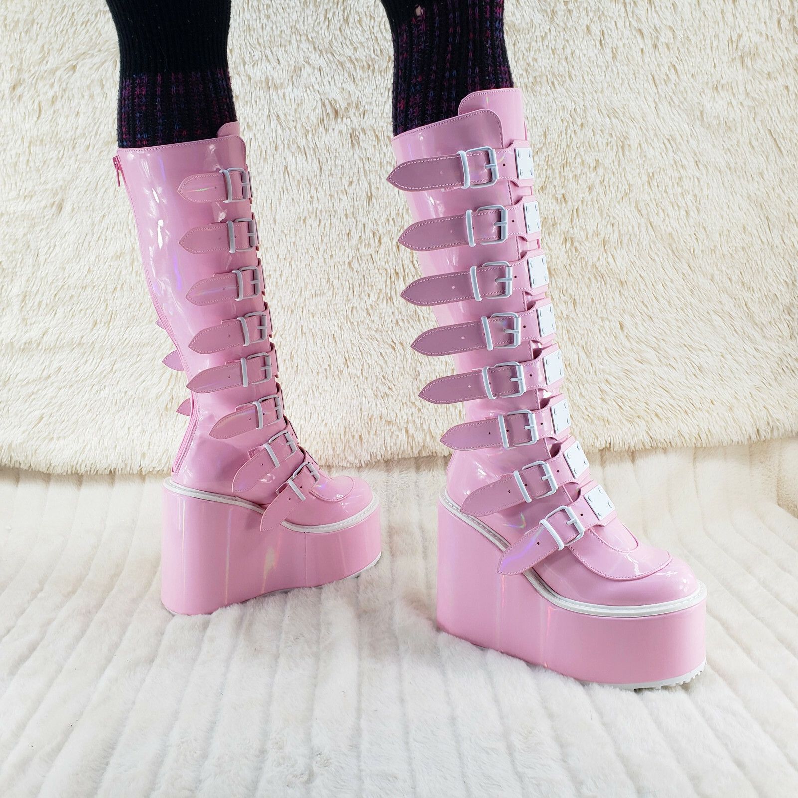Demonia Cult DEMONIA Trinity Swing 815 Pink Hologram Patent Goth Knee Boo Size US 9 / IT 39 - 1 Thumbnail