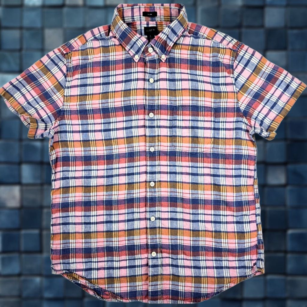 J.Crew J.CREW Linen Blend Short Sleeve Button-Up Shirt Men L Pink & Blue Plaid EUC Size US L / EU 52-54 / 3 - 1 Thumbnail