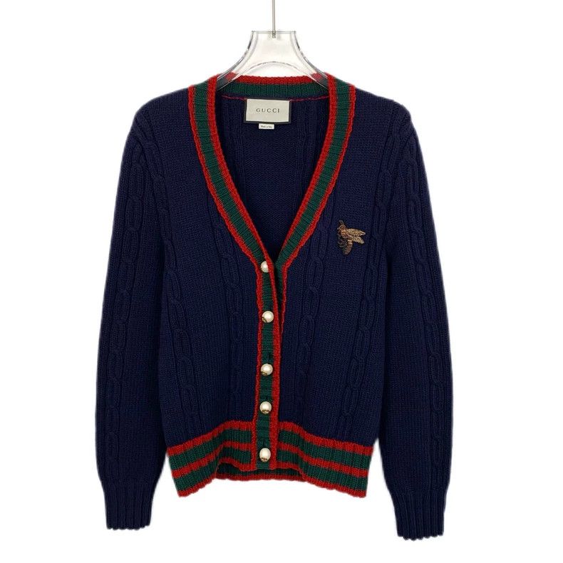 Gucci Gucci Dark blue striped bee embroidery wool knitted cardiga Size US L / EU 52-54 / 3 - 1 Thumbnail