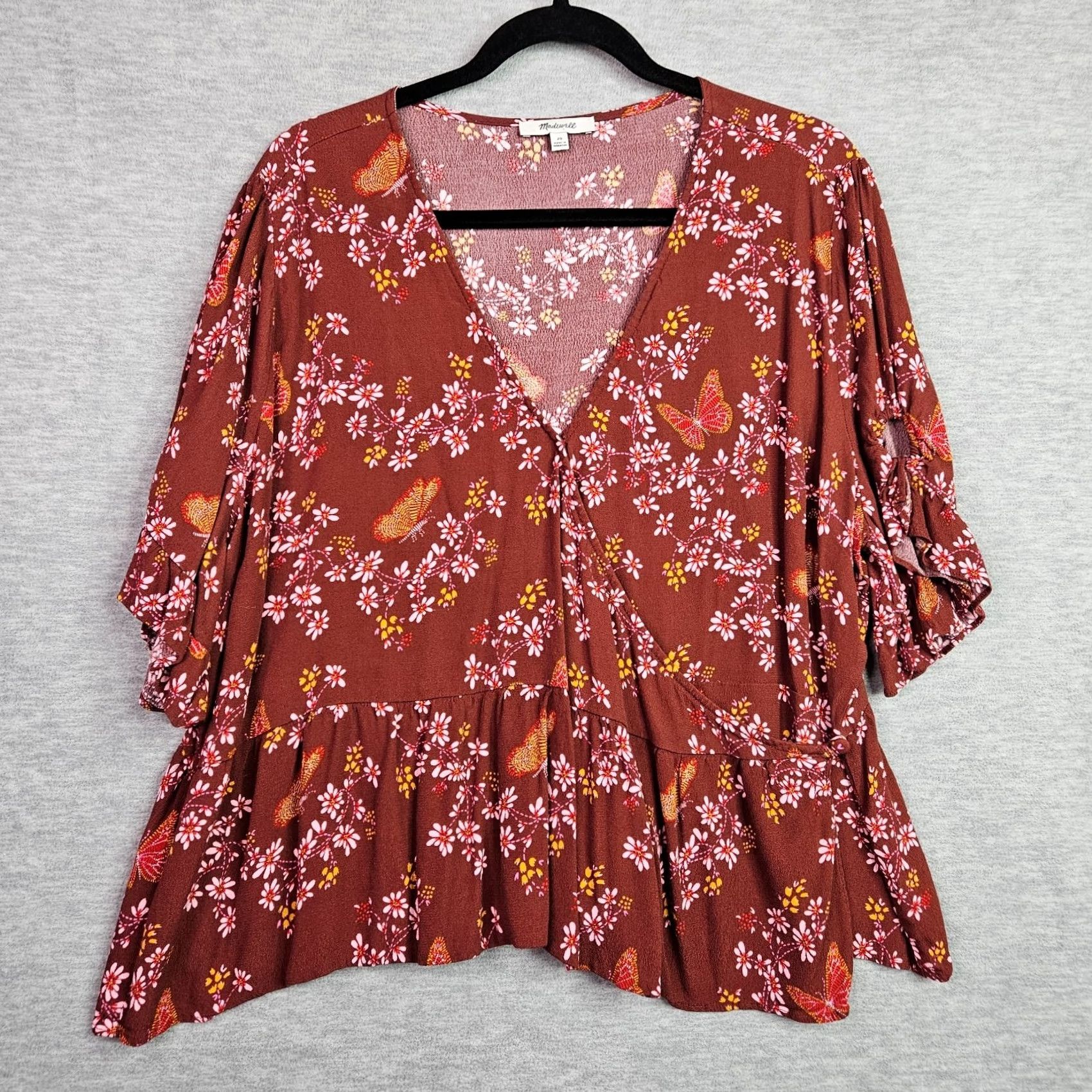 Madewell Madewell Women's Blouse Floral V-Neck Short Sleeve Rust Brown Size 20 Regular Size 3XL / US 20-22 - 2 Thumbnail