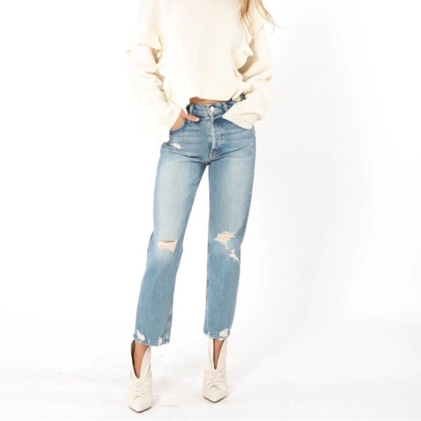 MOTHER MOTHER $258 The Tomcat Distressed Straight Leg Jeans size 32 Size 32" / US 10 / IT 46 - 8 Thumbnail