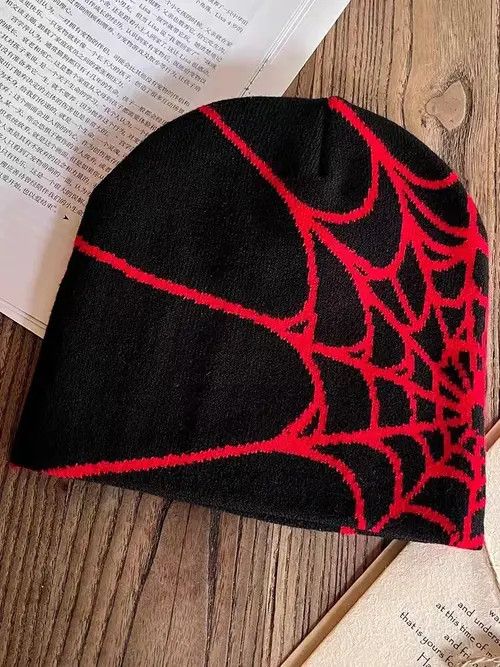 Black spider web y2k jacquard knit hat